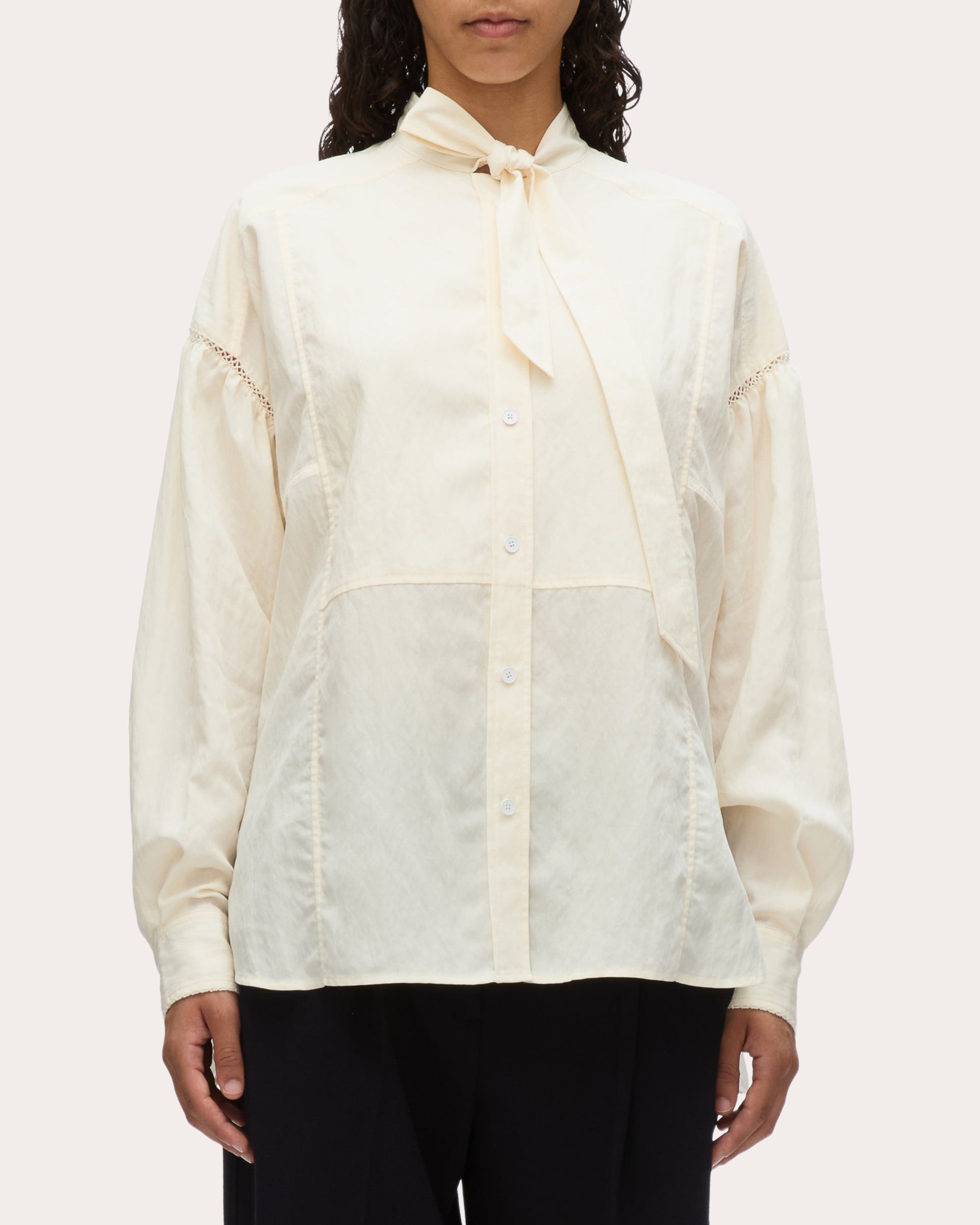 Tie-Neck Techno Poplin Tuxedo Blouse