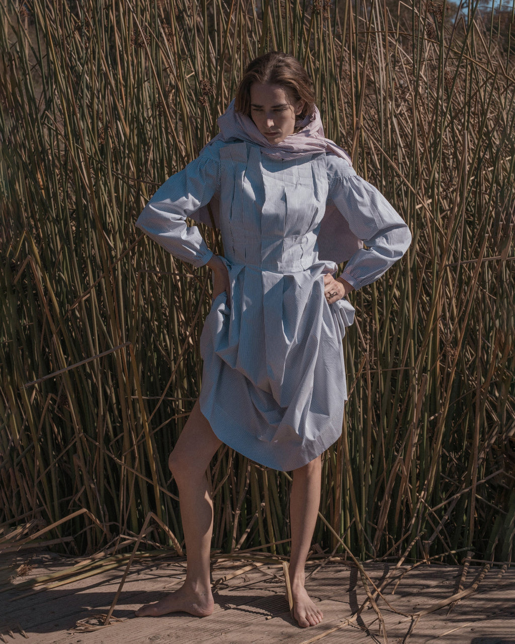 Nara Pleated Striped Cotton Poplin Midi Dress