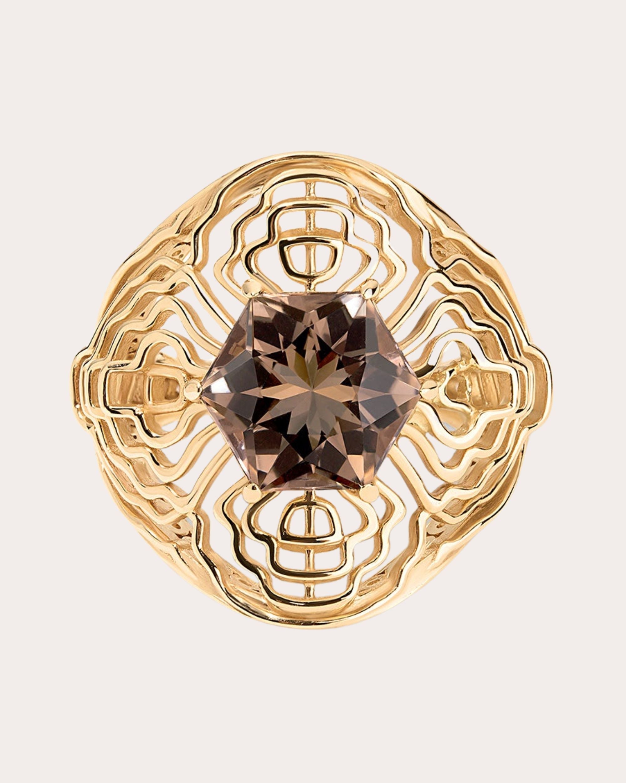 200Hz Frequency 14K Gold Smoky Quartz and Diamond Ring