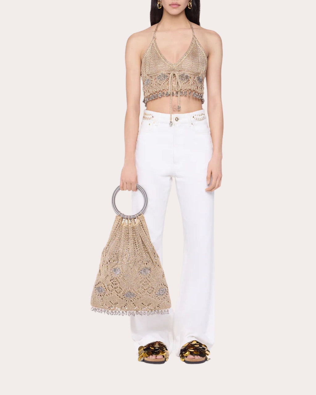 Fringed Embellished Metallic Crochet Tote