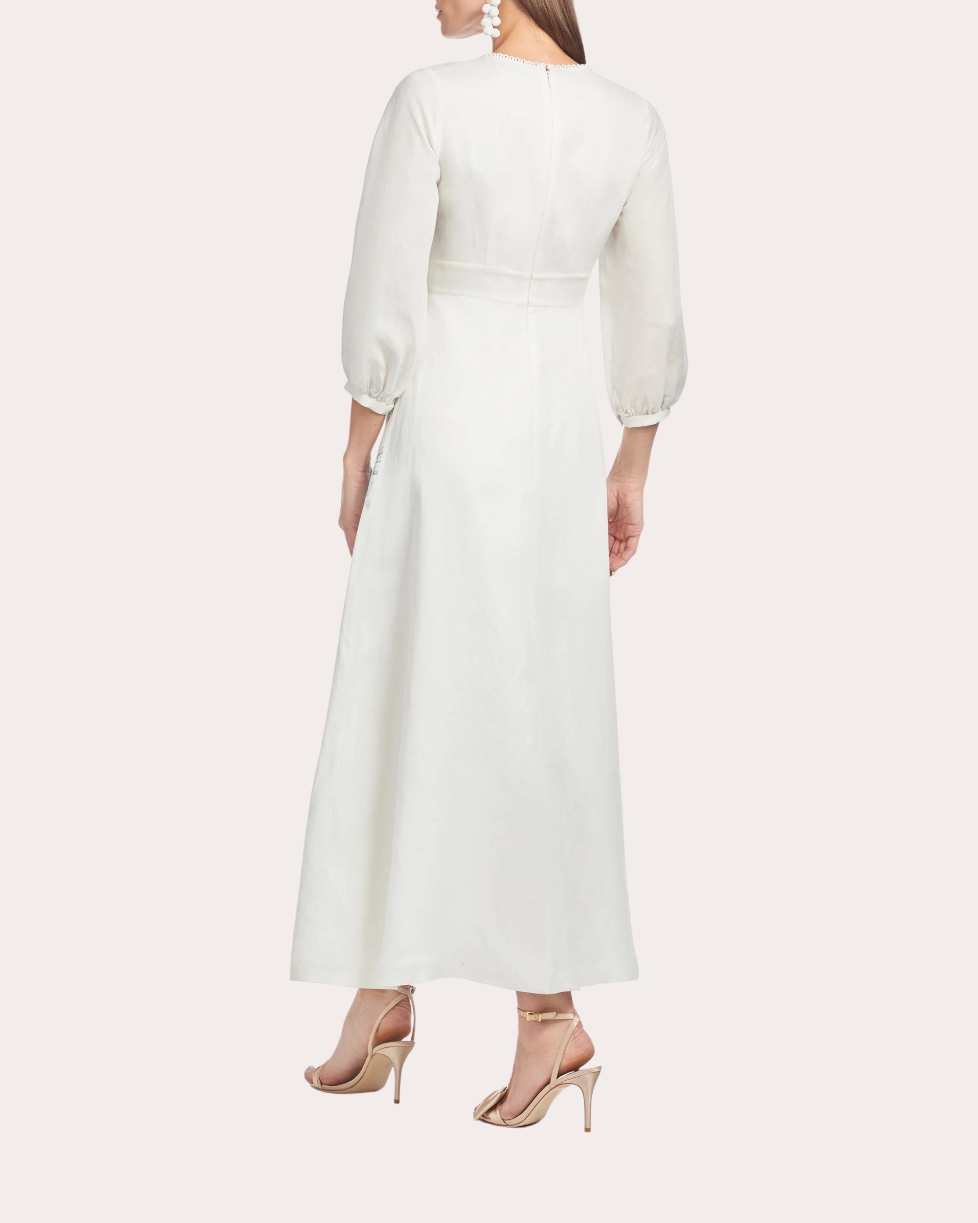 Varenna Lace Embroidered Floral Print Linen Blend Midi Dress