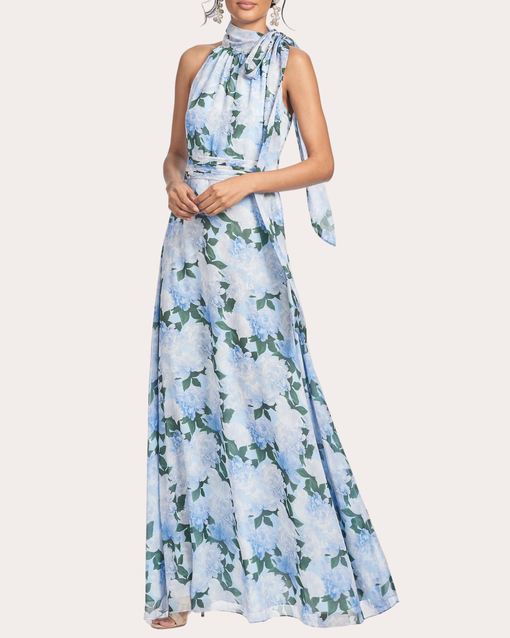 Kayla Floral Chiffon Tie-Neck Gown