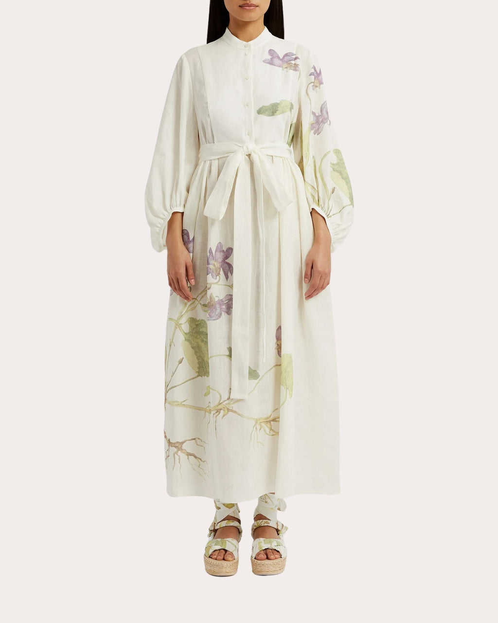 Floral Print Side Tie Linen Midi Dress