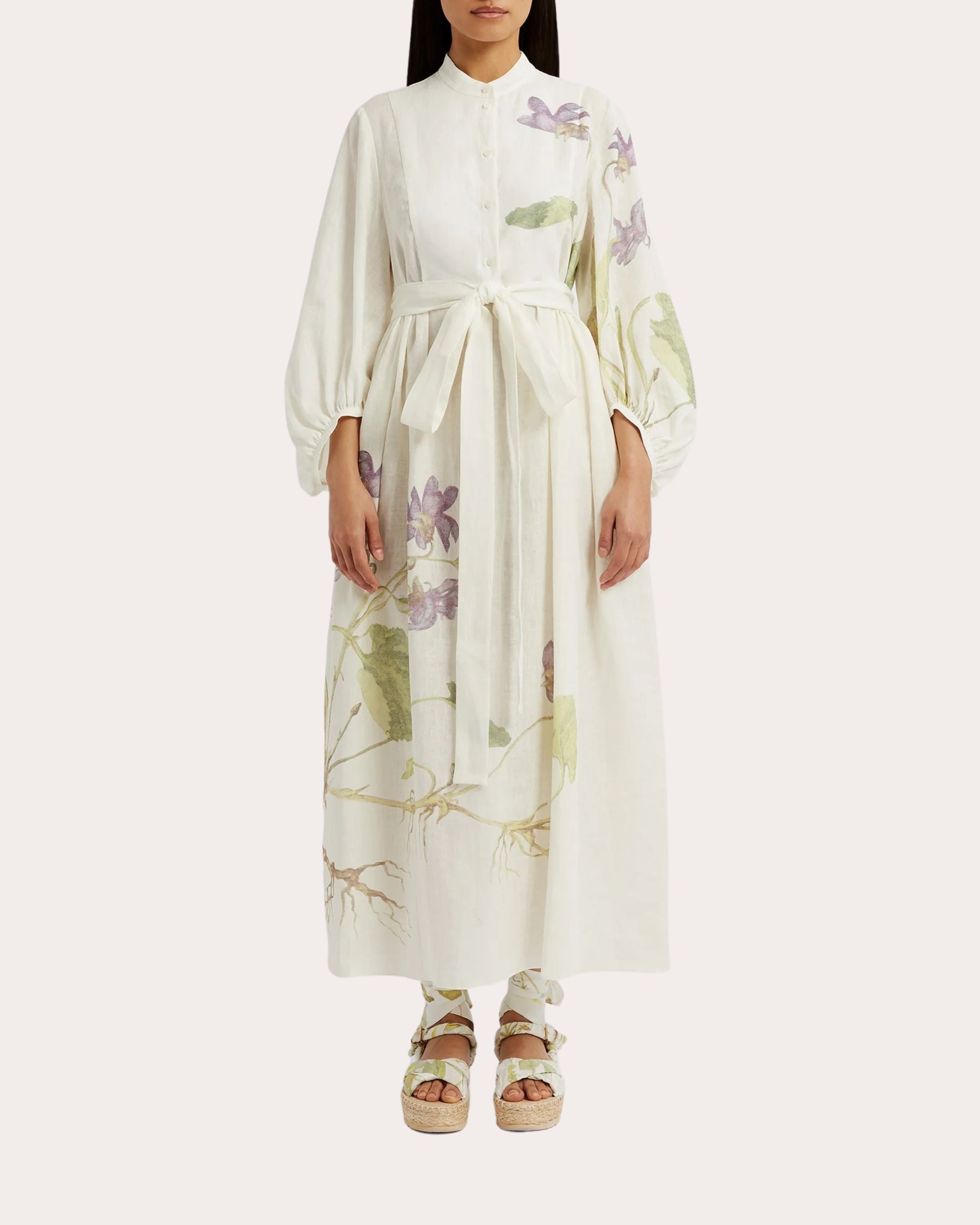 Floral Print Side Tie Linen Midi Dress