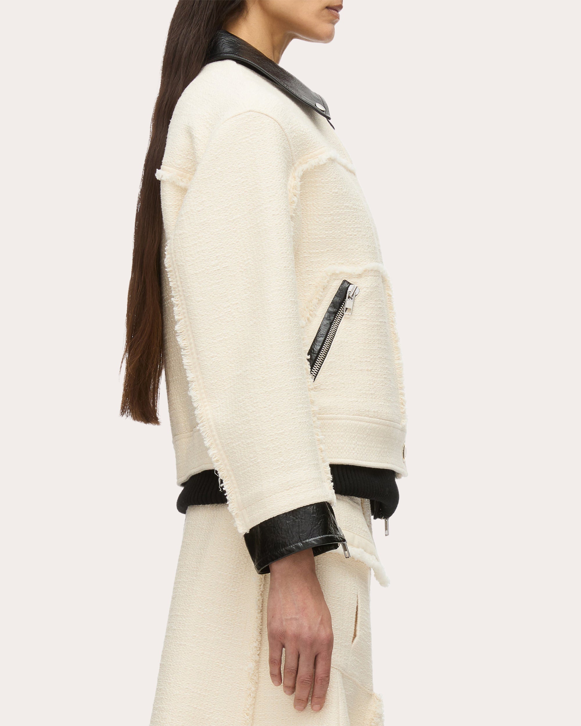 Layered Faux Leather-Trim Tweed Jacket