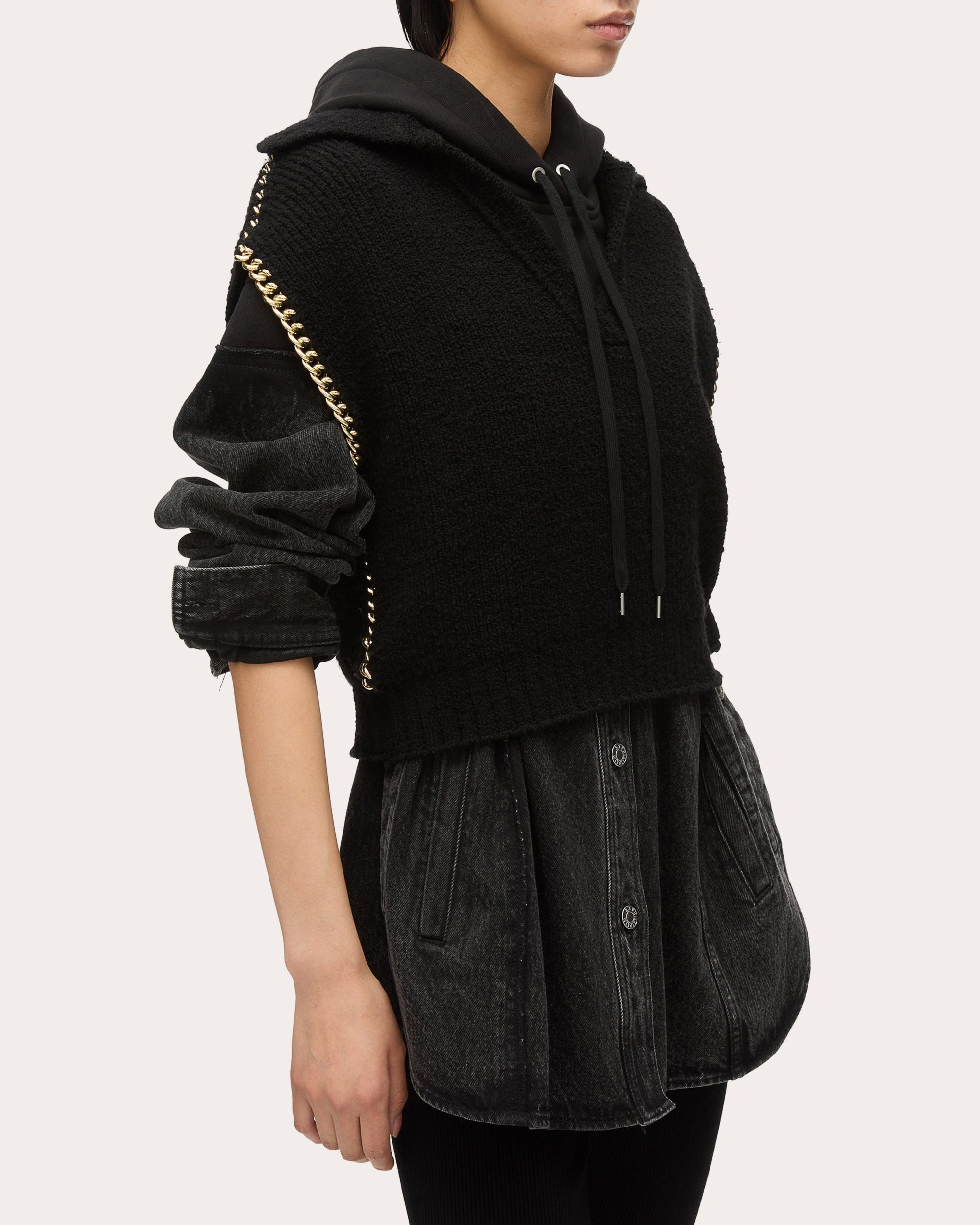 Cropped Chain-Embellished Wool Bouclé Knit Sweater