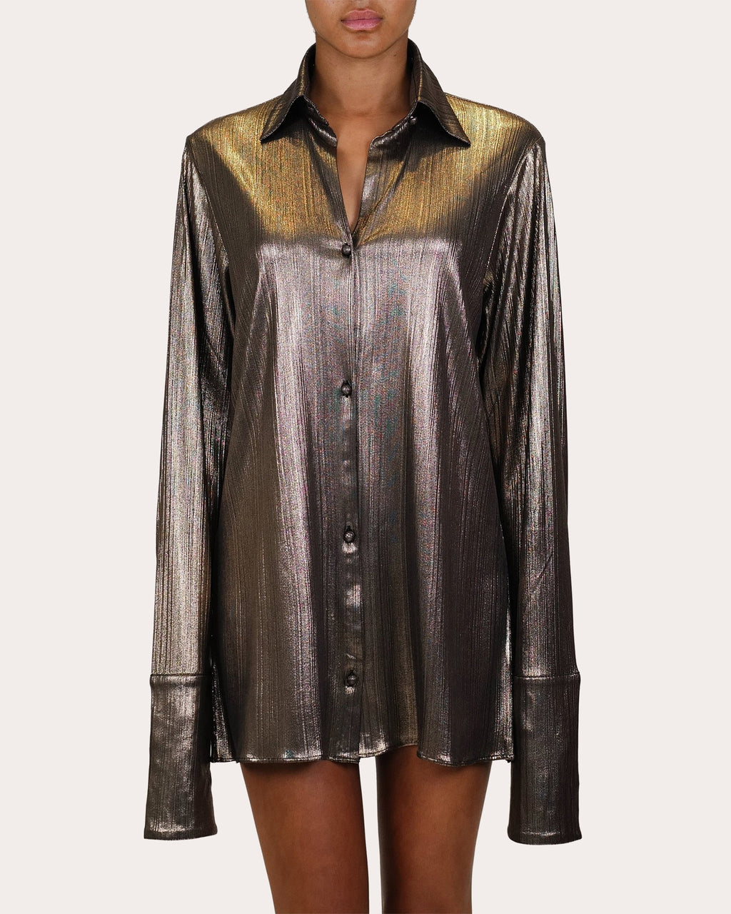 Kareena Metallic Lamé Mini Shirt Dress