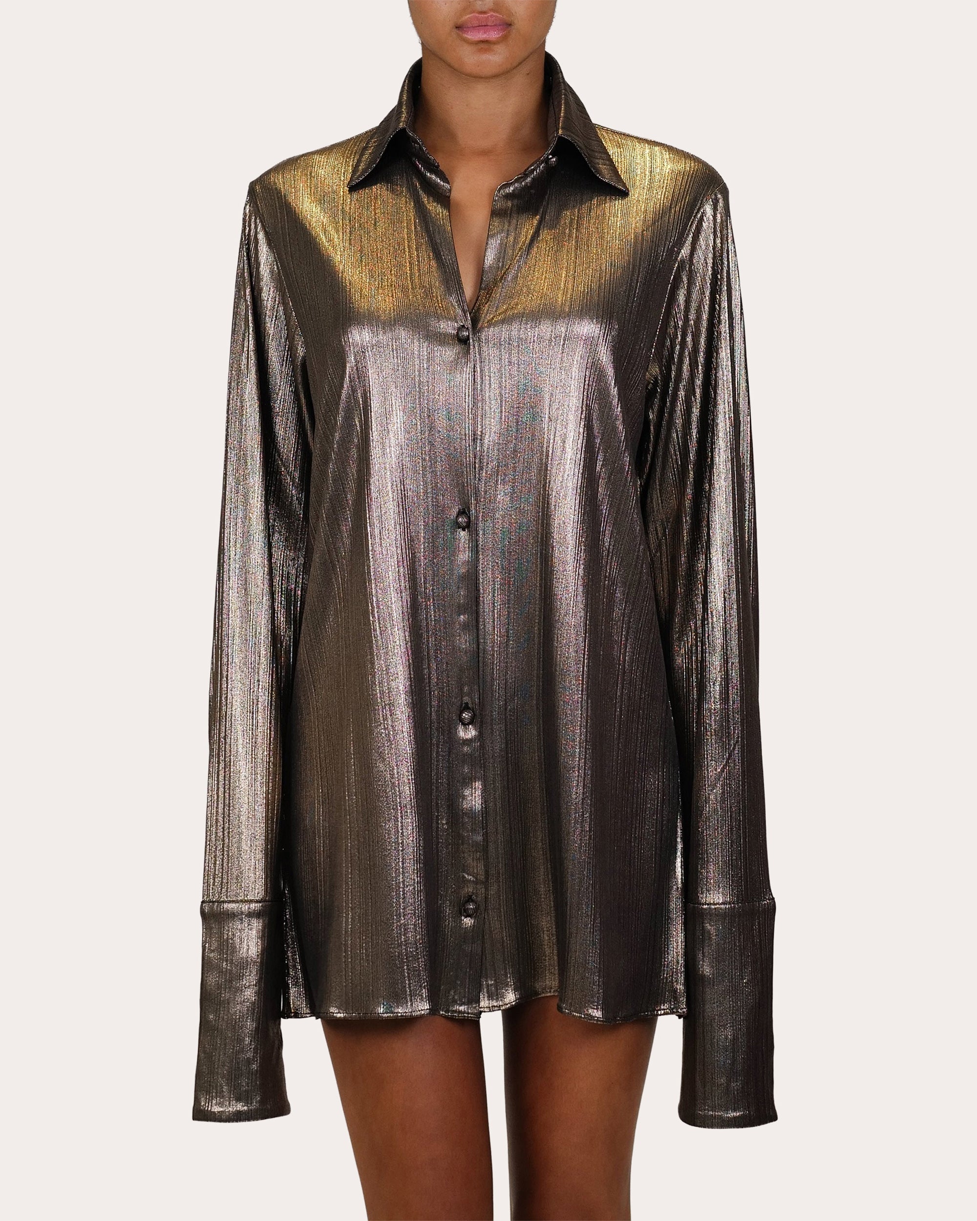 Kareena Metallic Lamé Mini Shirt Dress