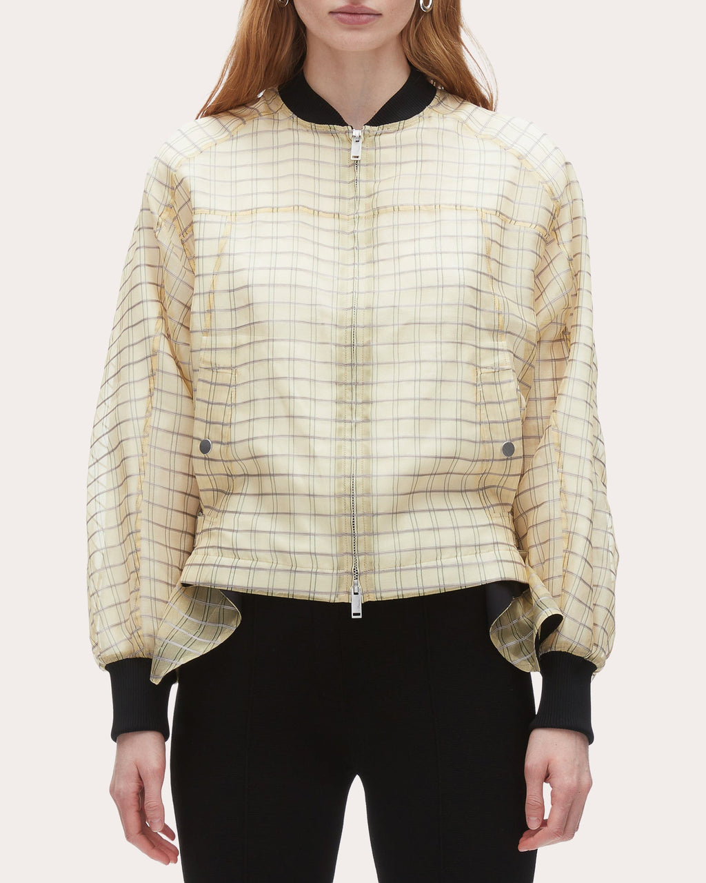 Plaid-Print Silk Organza Bomber Jacket