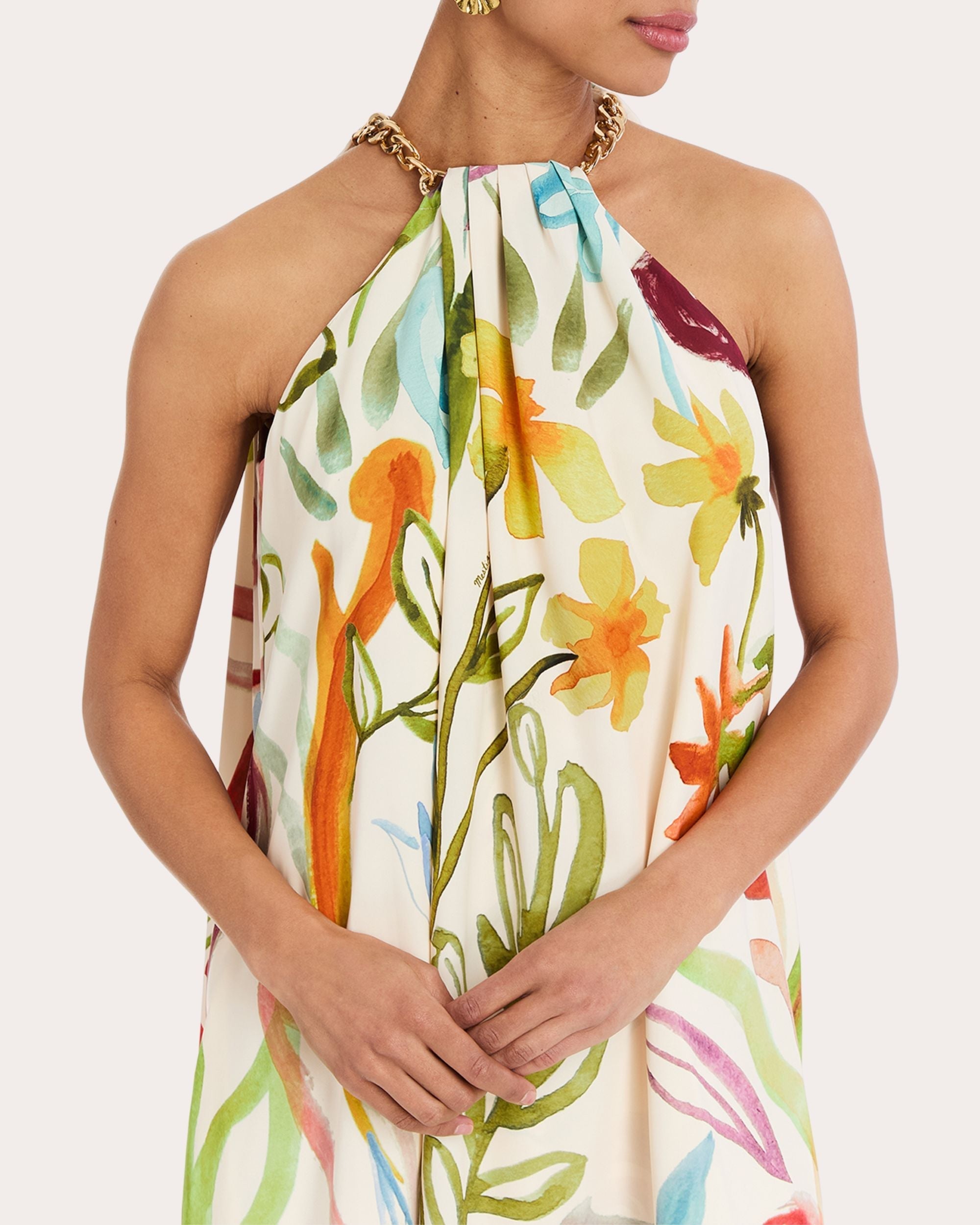 Bijou Floral Twill Chain Halter Mini Dress