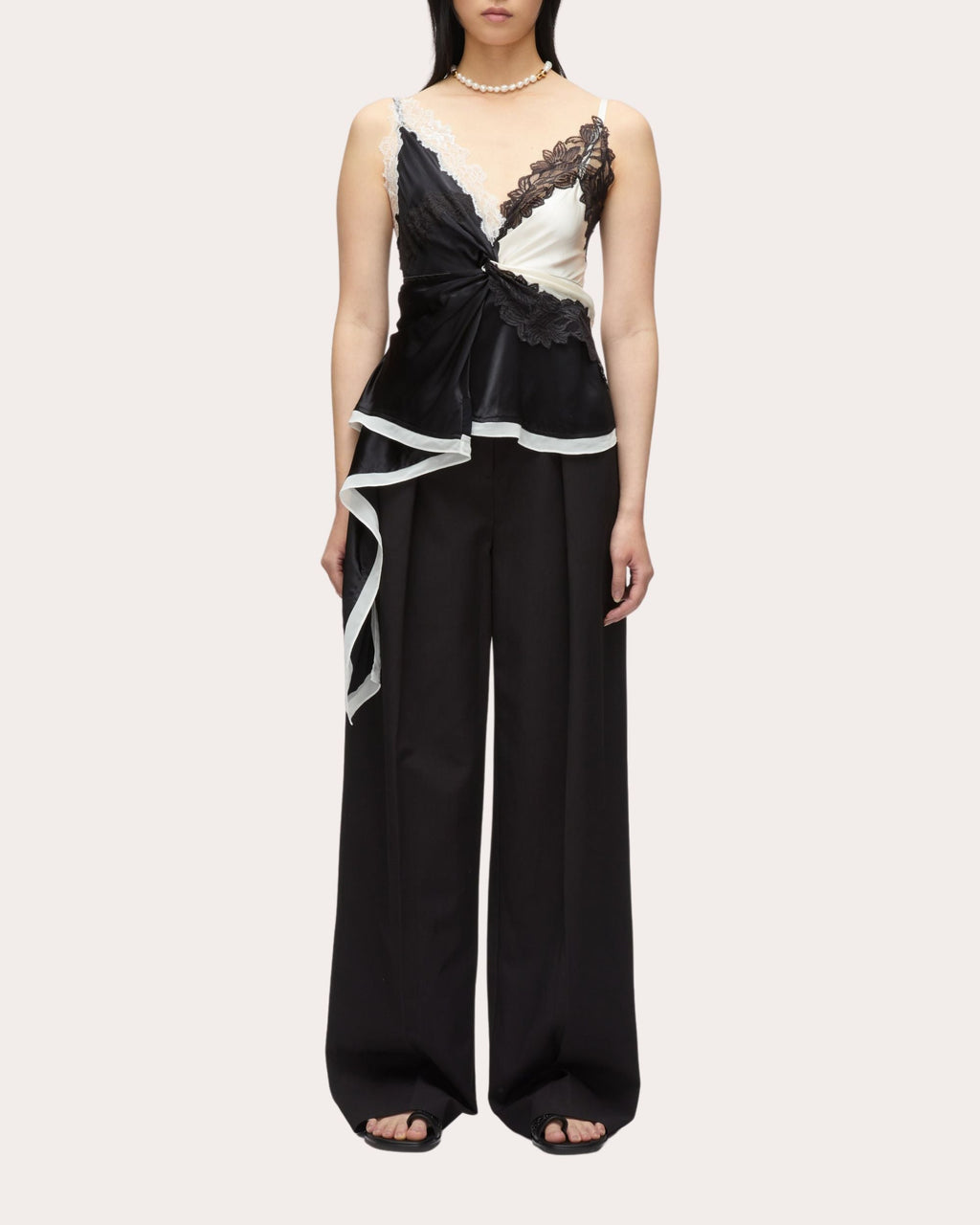 Asymmetric Lace Trimmed Twist-Front Satin Top