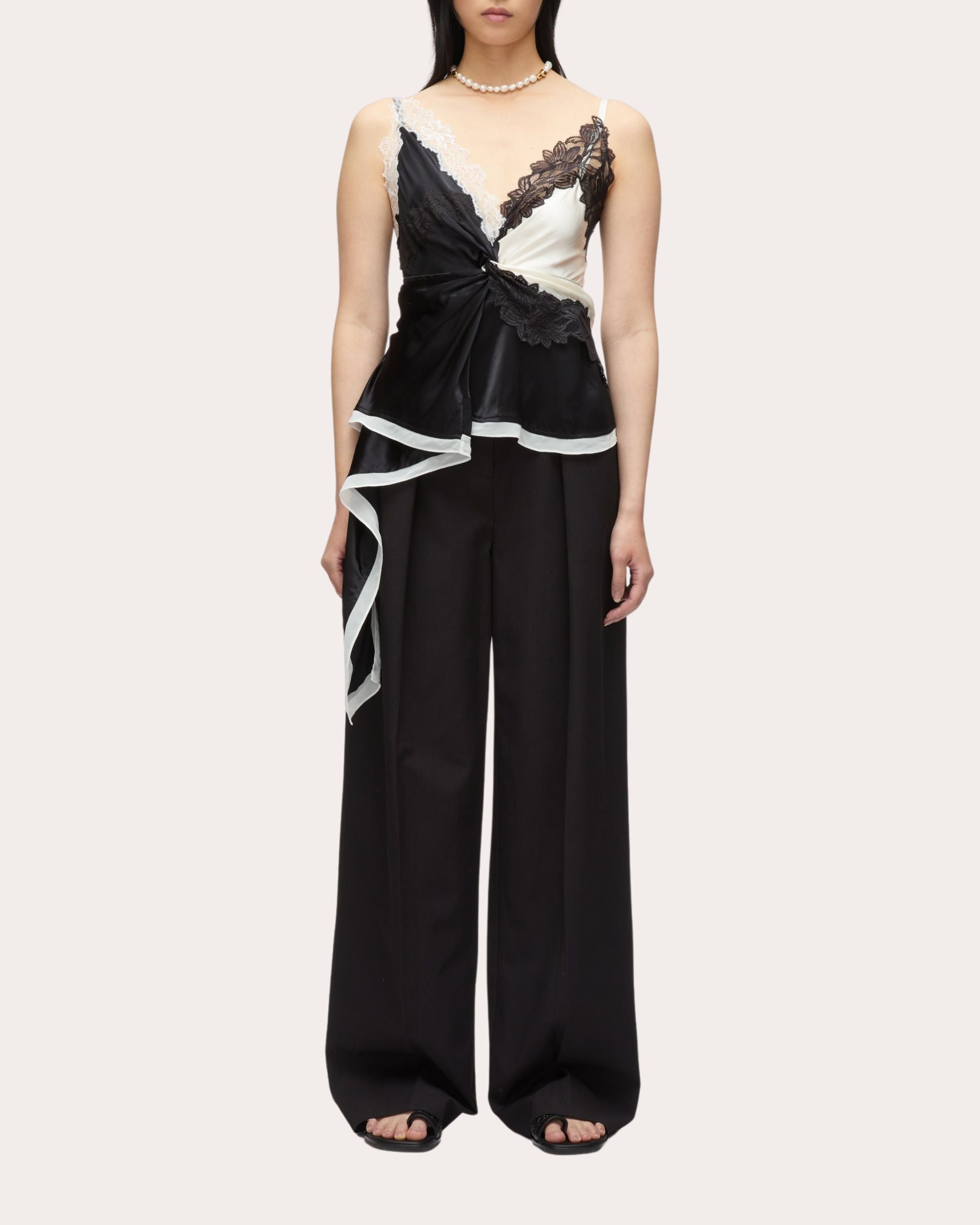 Asymmetric Lace Trimmed Twist-Front Satin Top