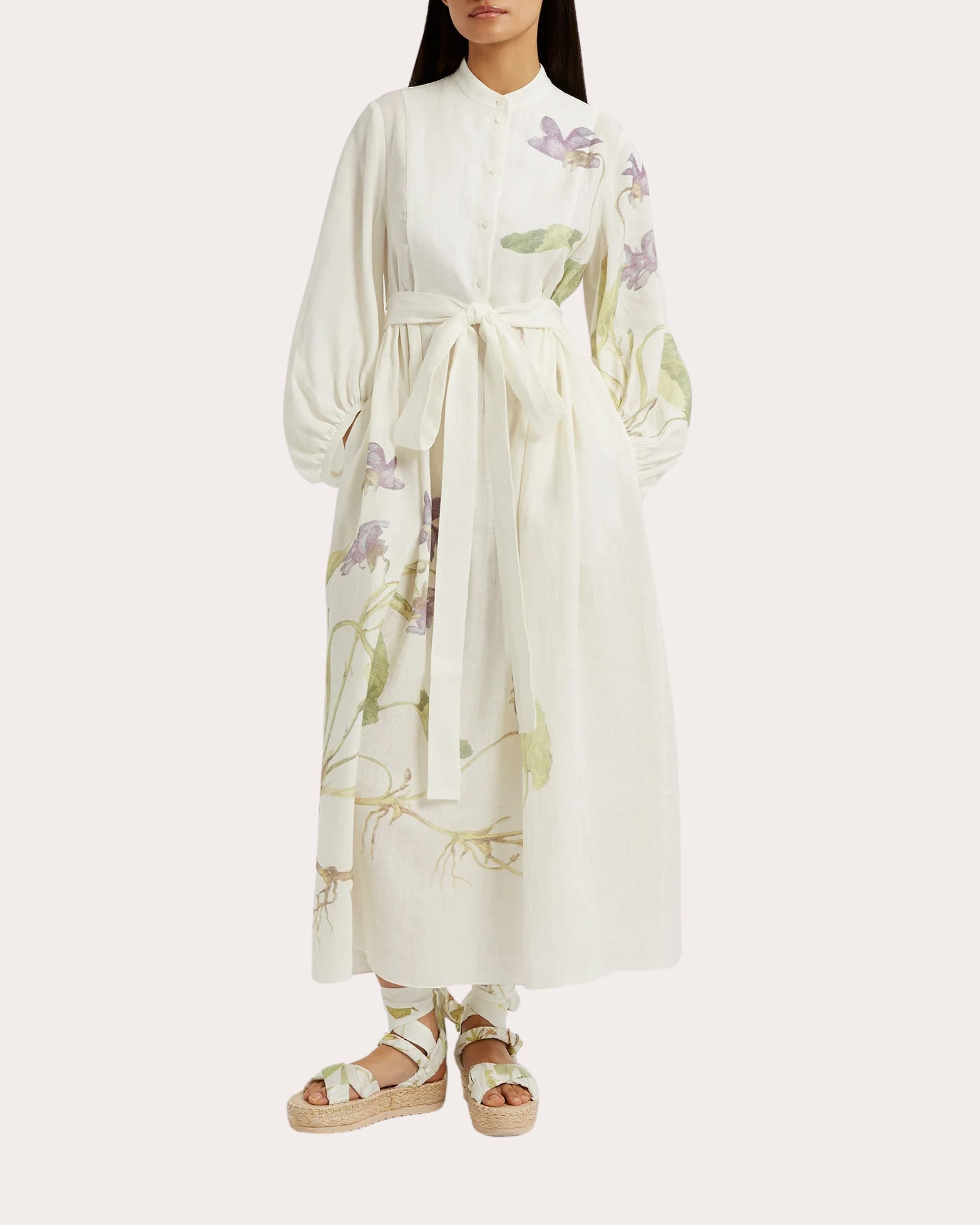 Floral Print Side Tie Linen Midi Dress