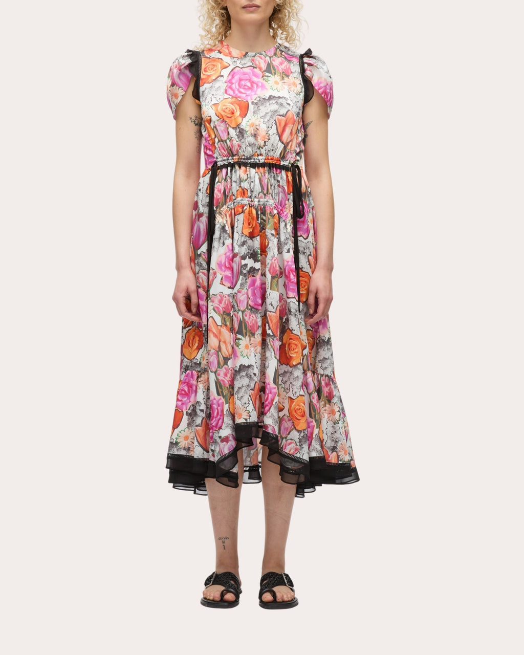Gathered Floral-Print Satin Midi Dress