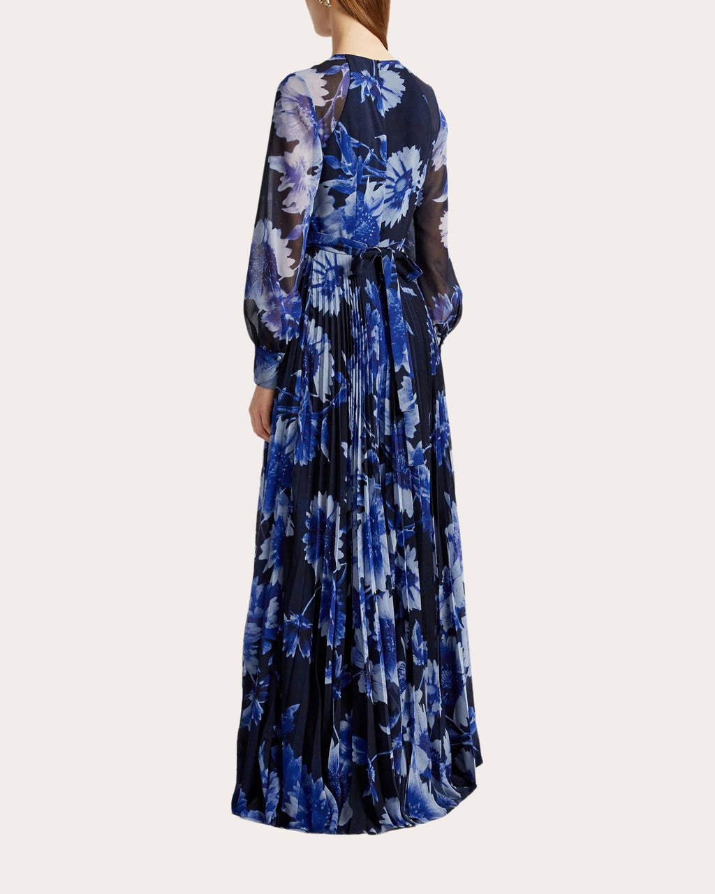 Pleated Floral-Print Silk Voile Gown