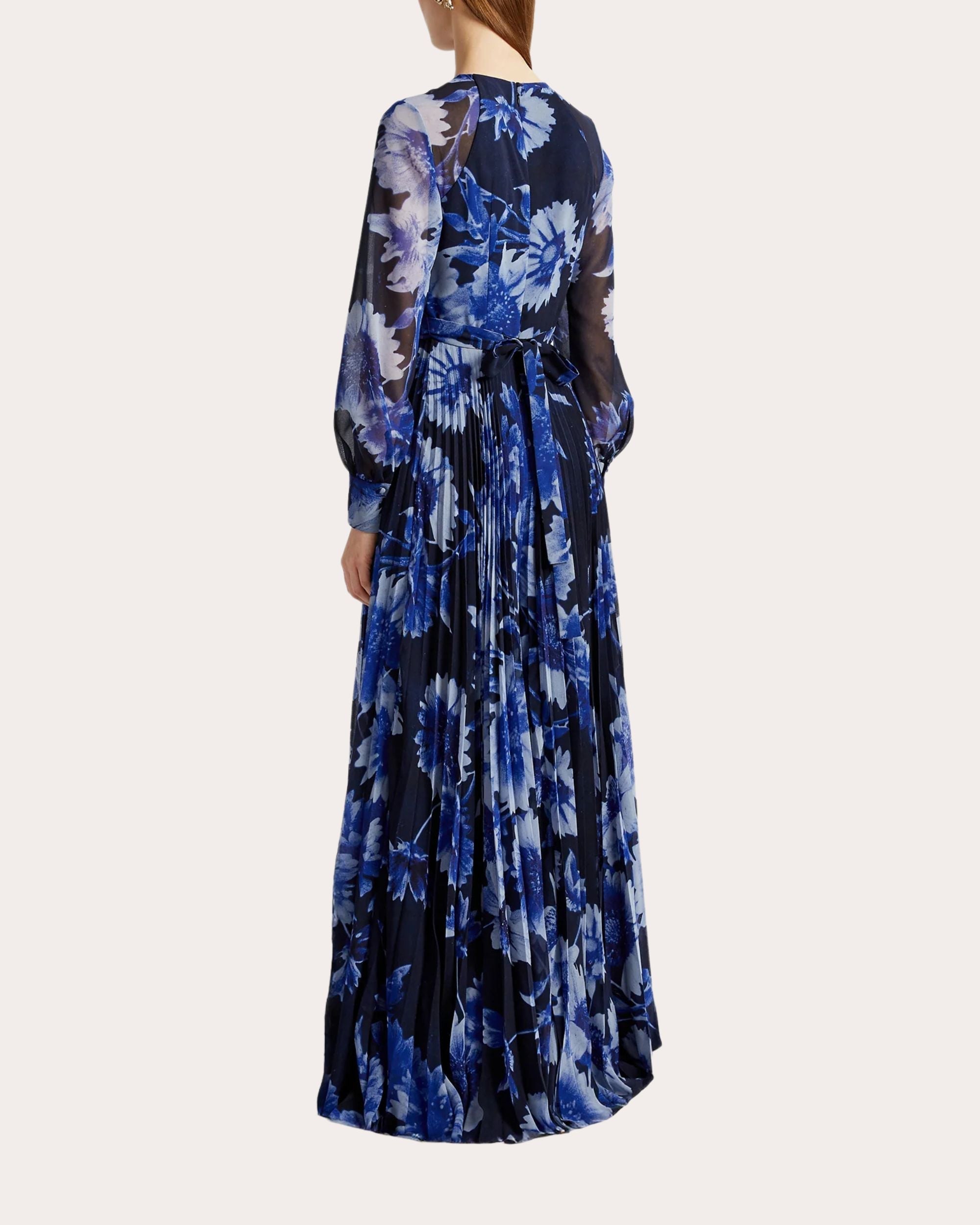 Pleated Floral-Print Silk Voile Gown