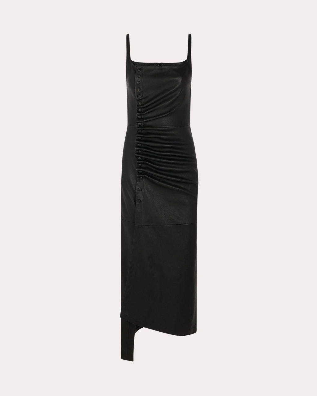 Asymmetric Ruched Leather Midi Dress