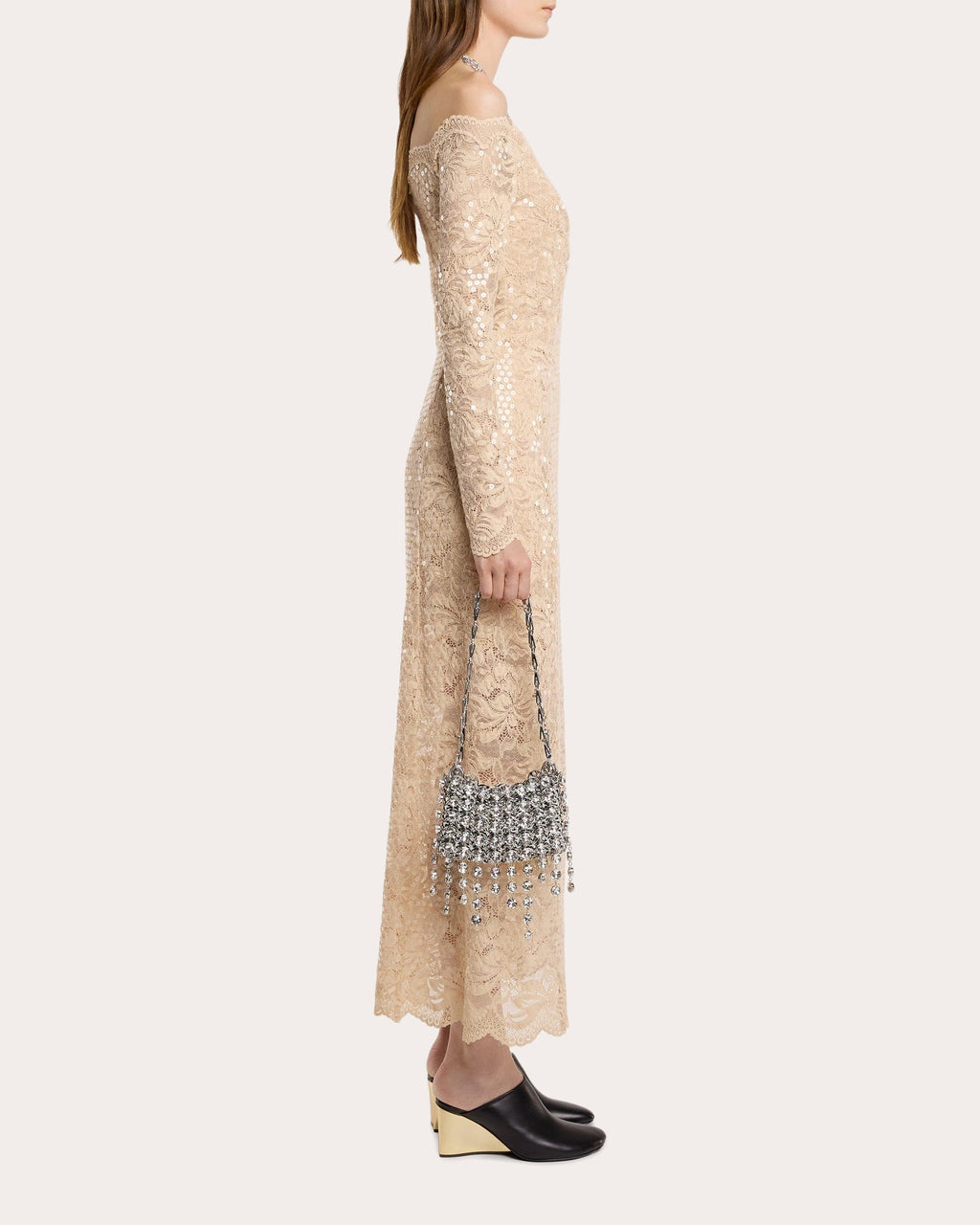 Sequin-Embellished Ruched Lace Maxi Dress