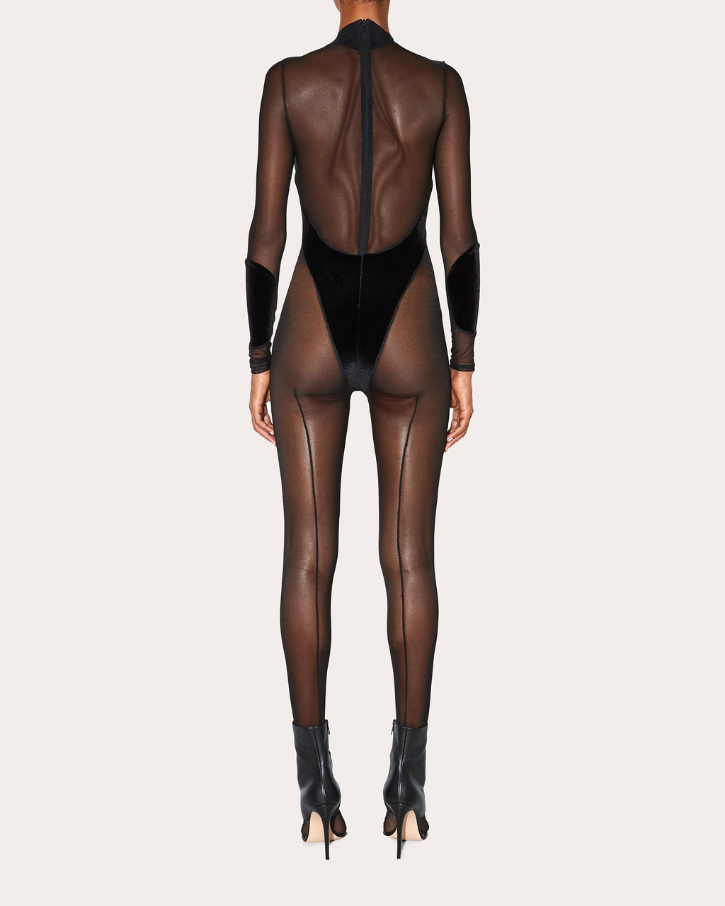 Velvet-Panel Mesh Cutout Catsuit
