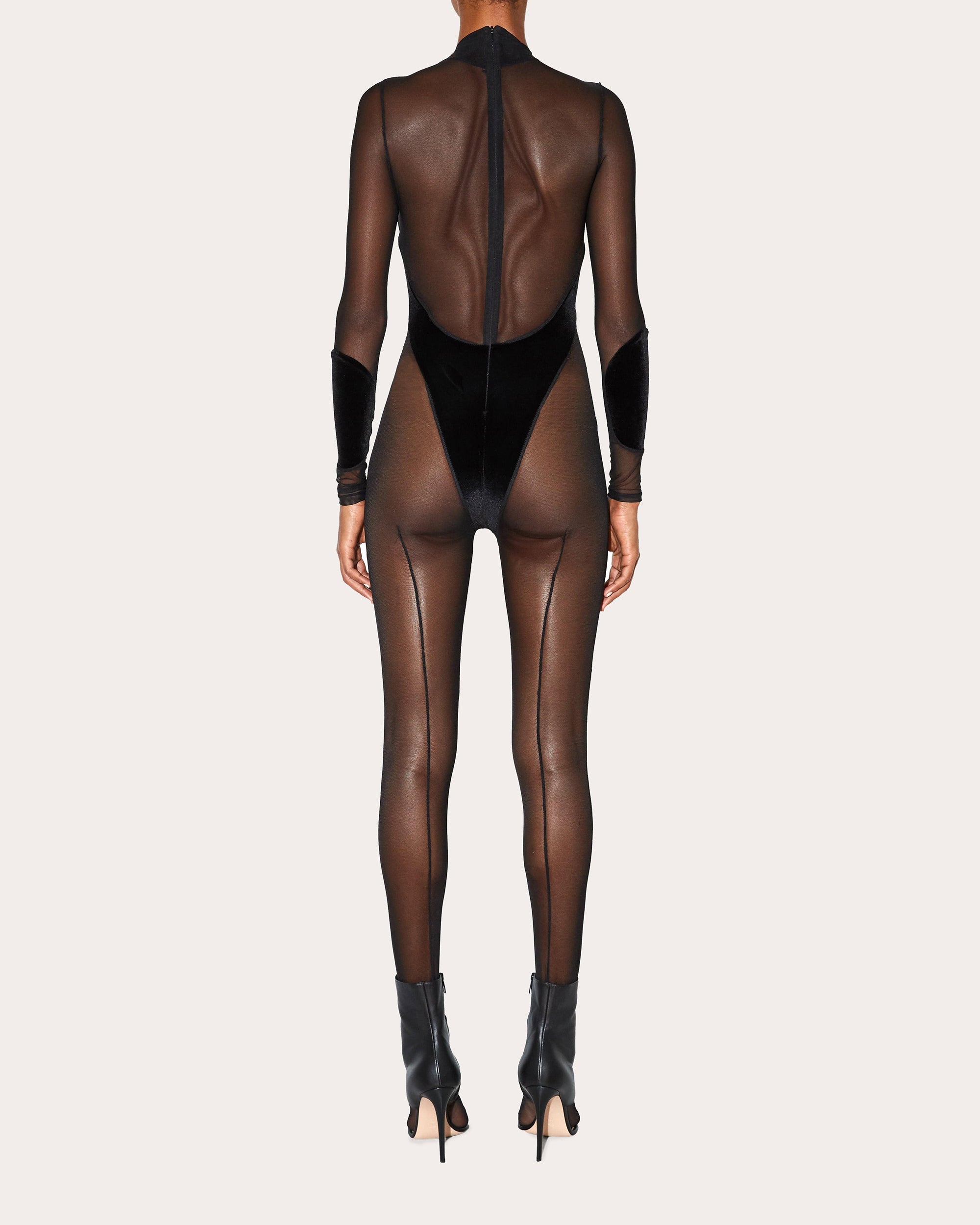 Velvet-Panel Mesh Cutout Catsuit