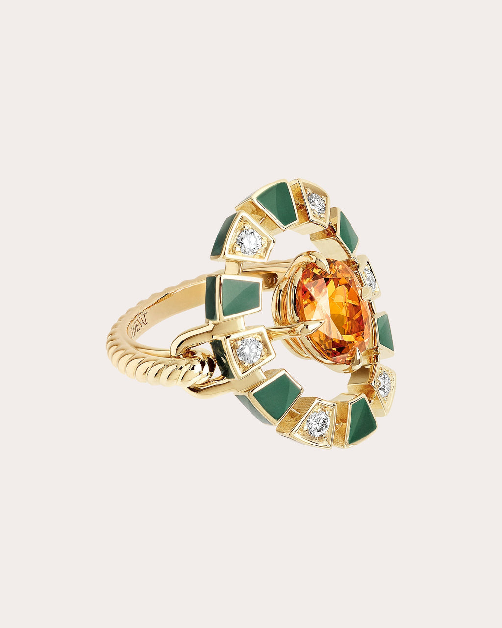 Frame 18K Gold Enamel Mandarin Garnet and Diamond Halo Ring