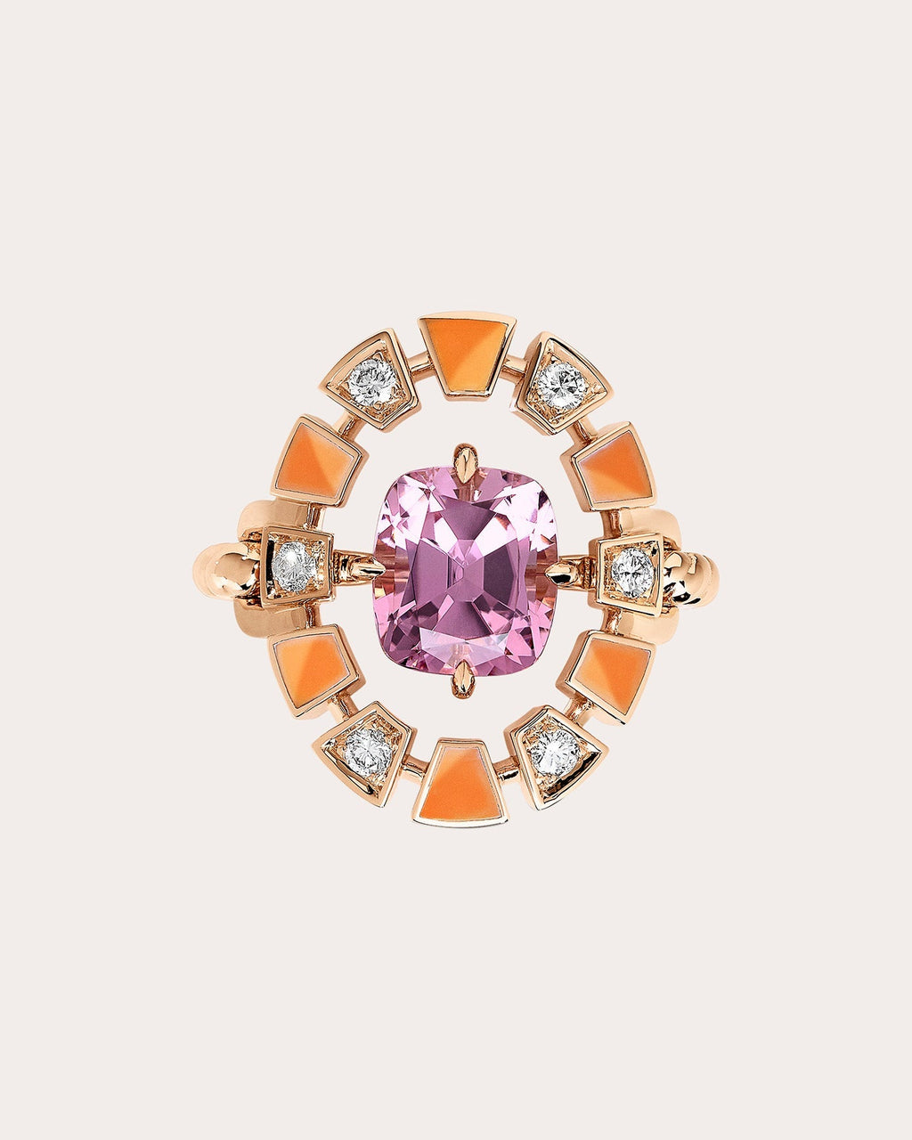 Frame 18K Gold Enamel Pink Tourmaline and Diamond Halo Ring