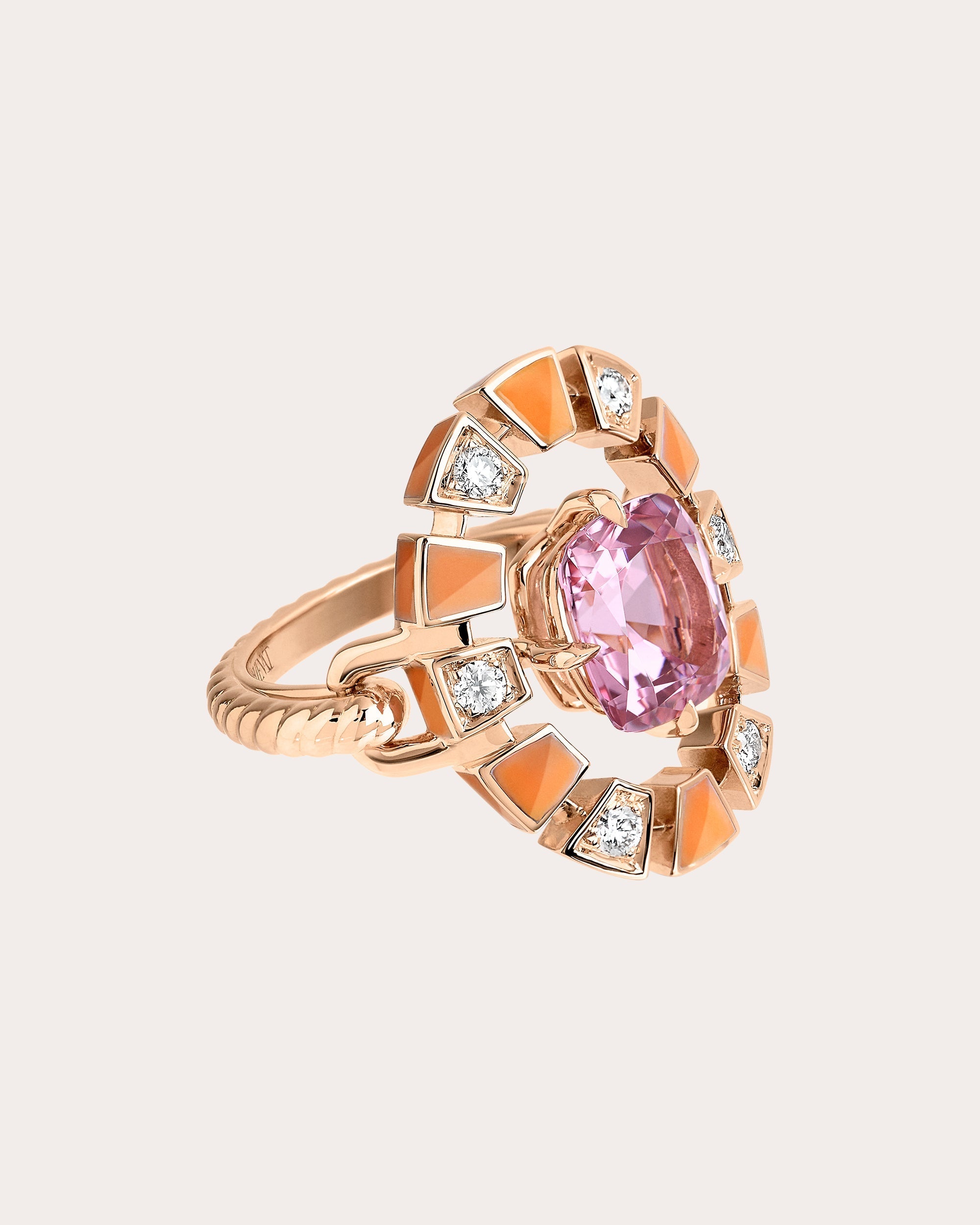 Frame 18K Gold Enamel Pink Tourmaline and Diamond Halo Ring