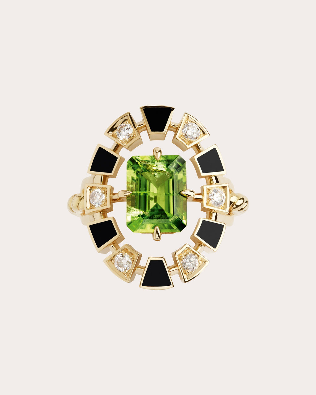 Frame 18K Gold Enamel Peridot and Diamond Halo Ring