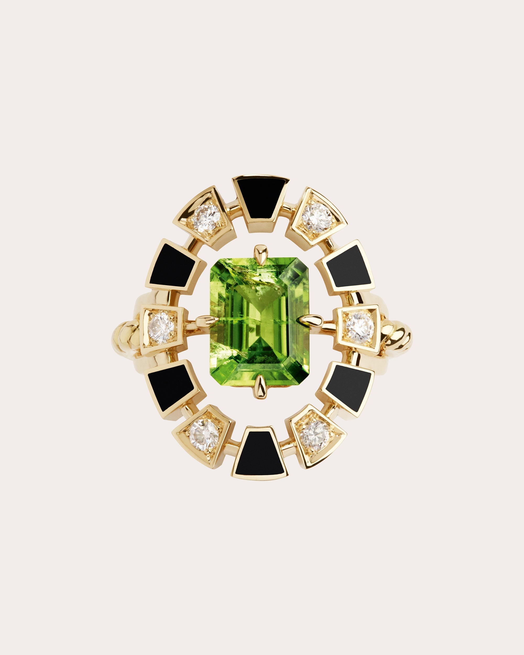 Frame 18K Gold Enamel Peridot and Diamond Halo Ring