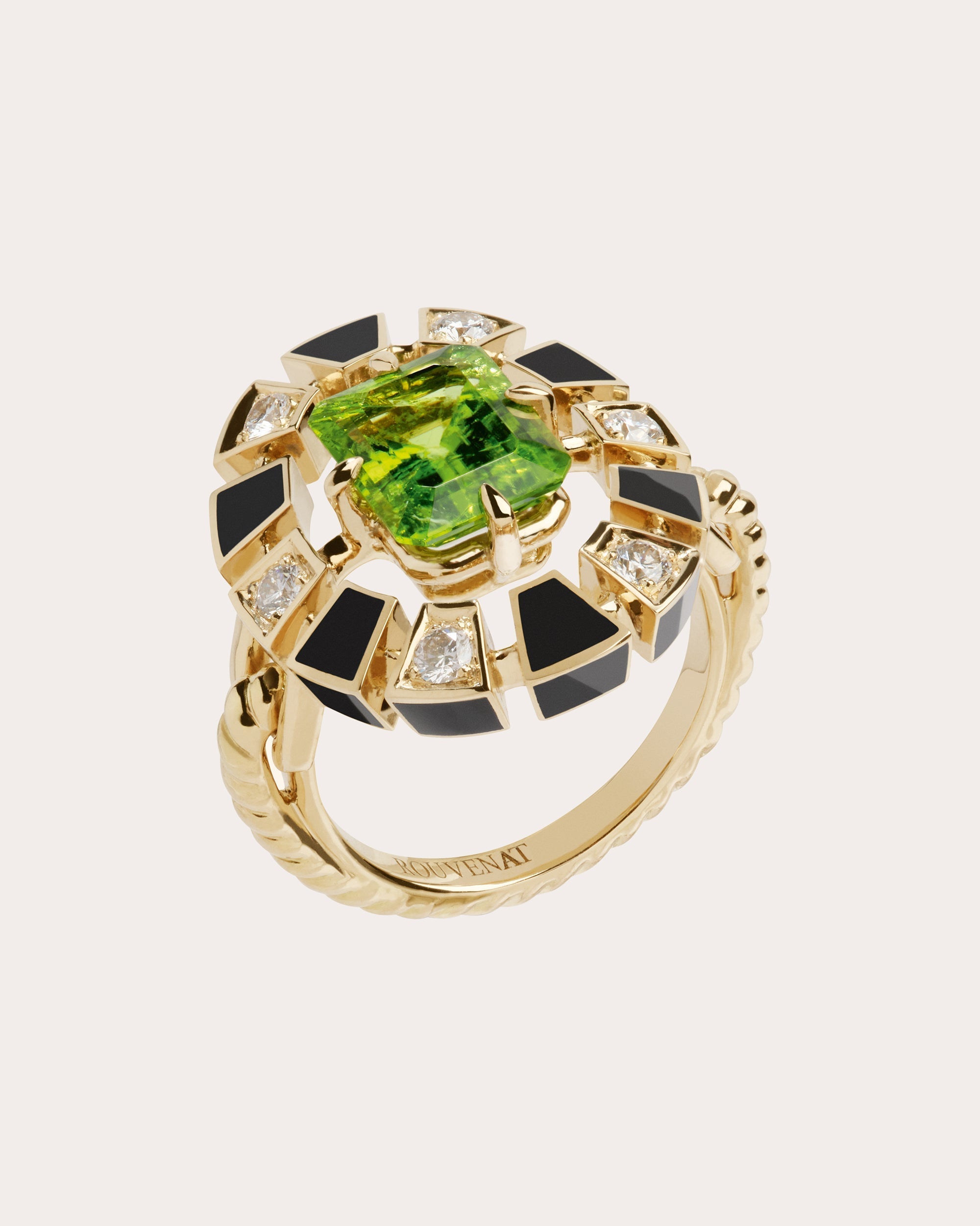 Frame 18K Gold Enamel Peridot and Diamond Halo Ring