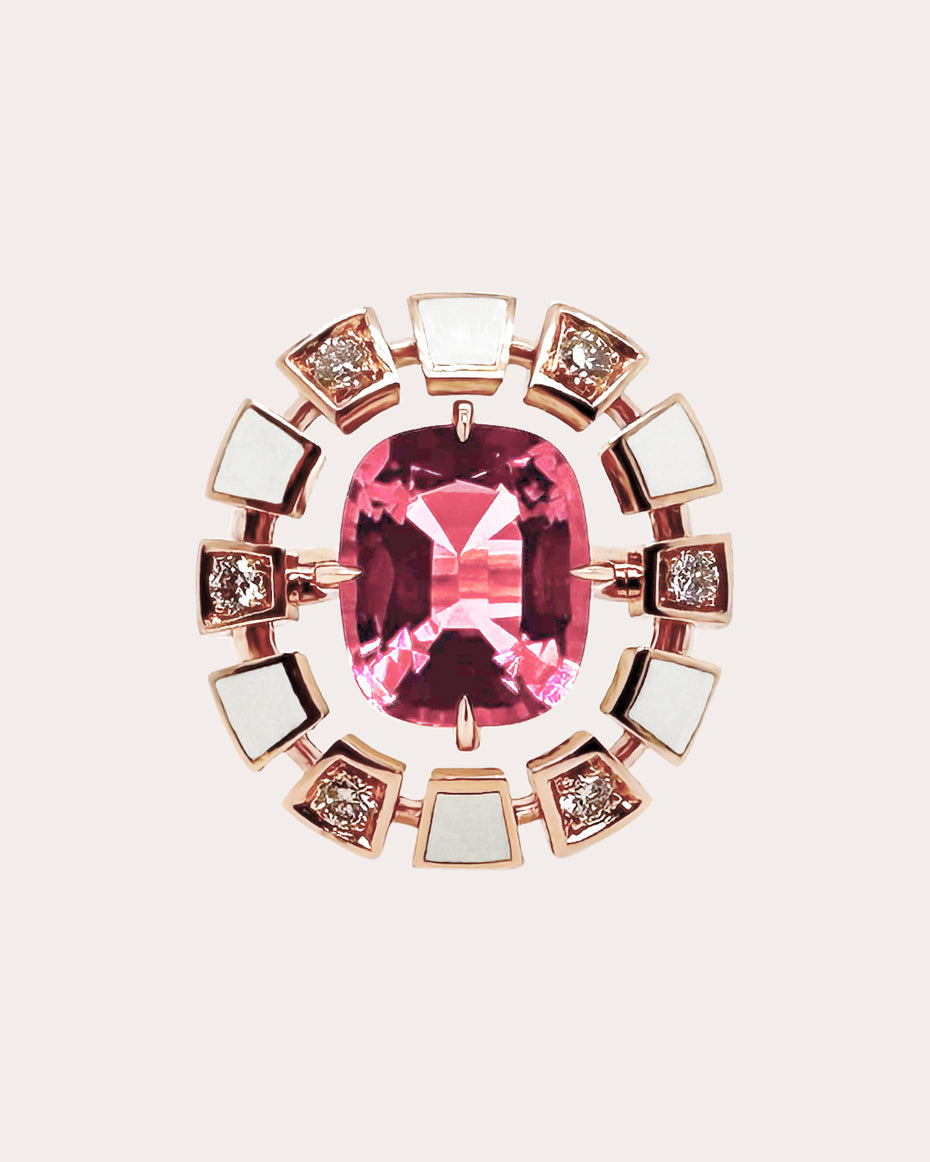 Frame 18K Gold Enamel Pink Tourmaline and Diamond Halo Ring