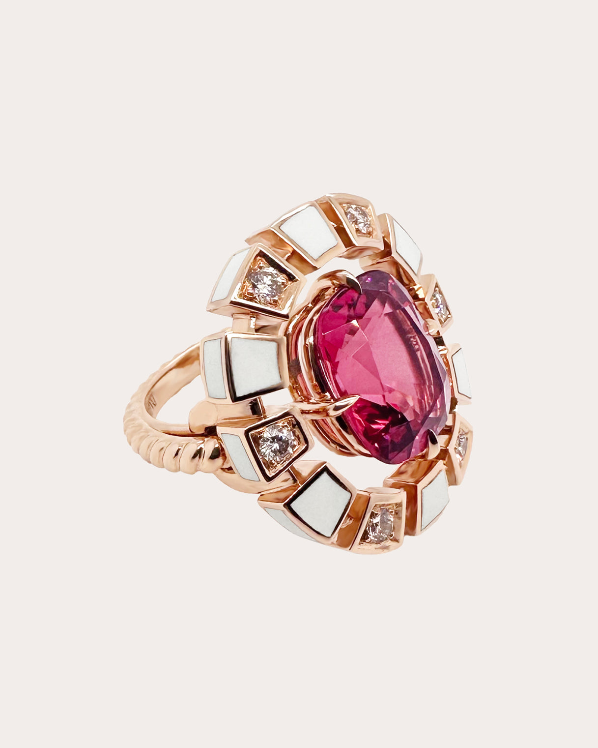 Frame 18K Gold Enamel Pink Tourmaline and Diamond Halo Ring