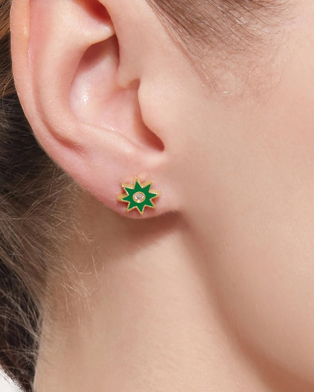 18K Gold Green Enamel and Diamond Twinkle Star Earrings