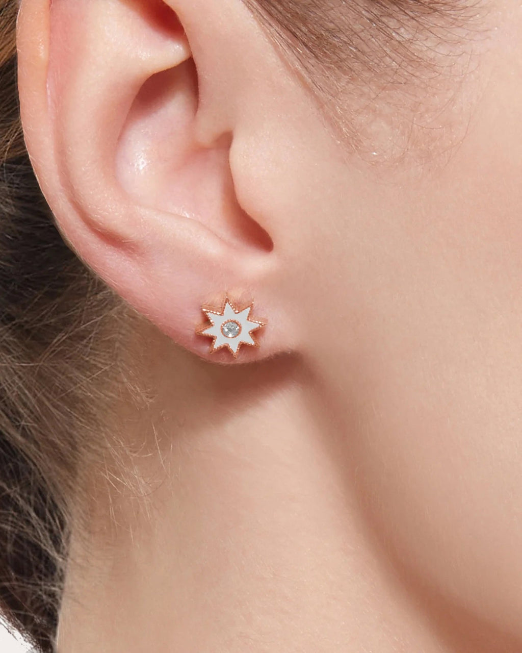 18K Gold White Enamel and Diamond Twinkle Star Earrings