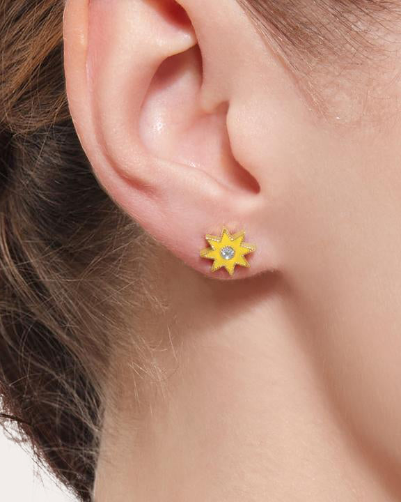 18K Gold Yellow Enamel and Diamond Twinkle Star Earrings