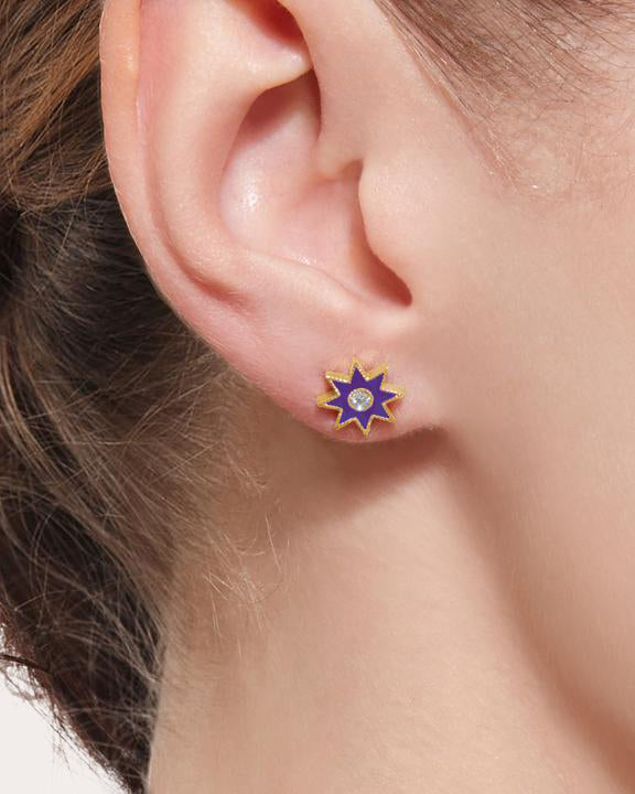 18K Gold Purple Enamel and Diamond Twinkle Star Earrings