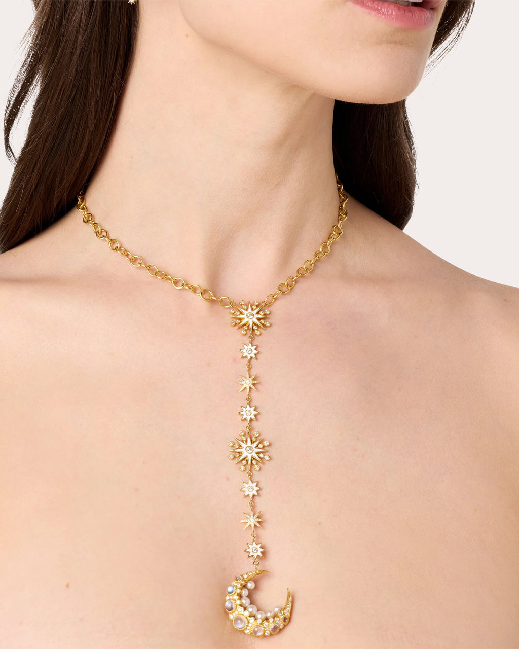 Moon Cage 18K Gold Enamel Moonstone Diamond and Pearl Pendant Necklace