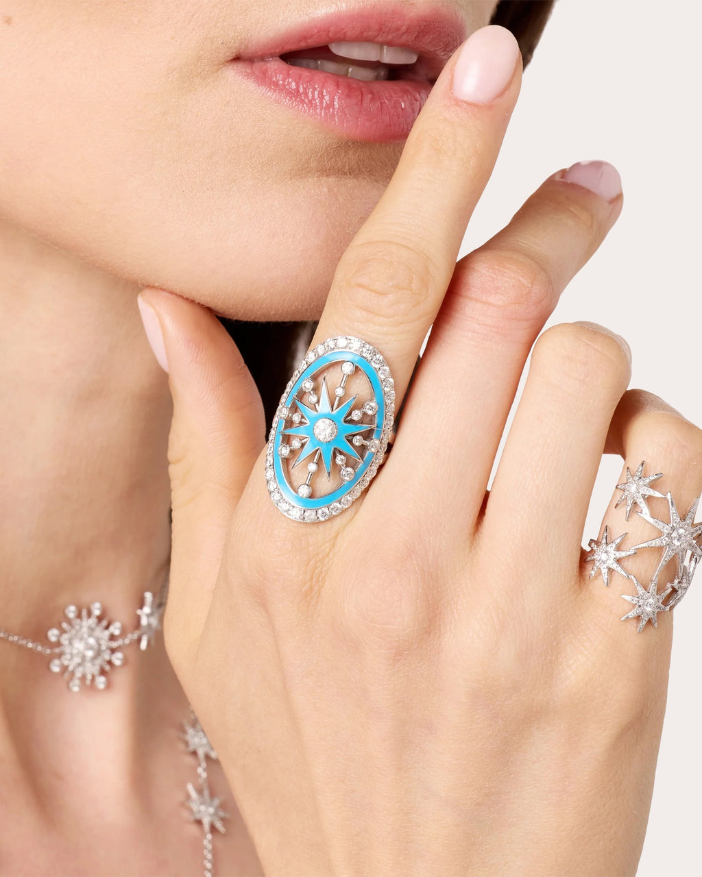 Danvou 18K Gold Light Blue Enamel and Diamond Halo Ring