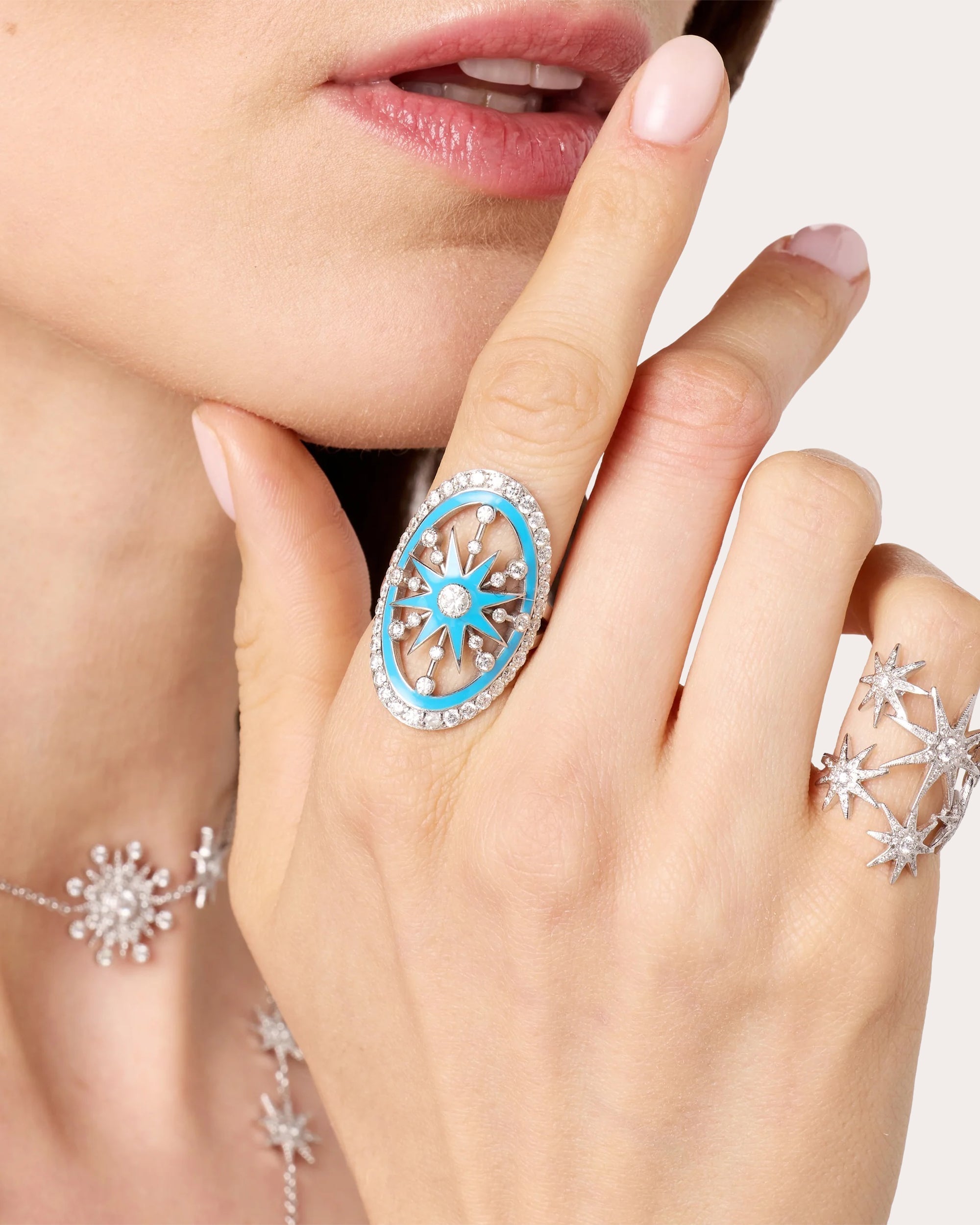 Danvou 18K Gold Light Blue Enamel and Diamond Halo Ring