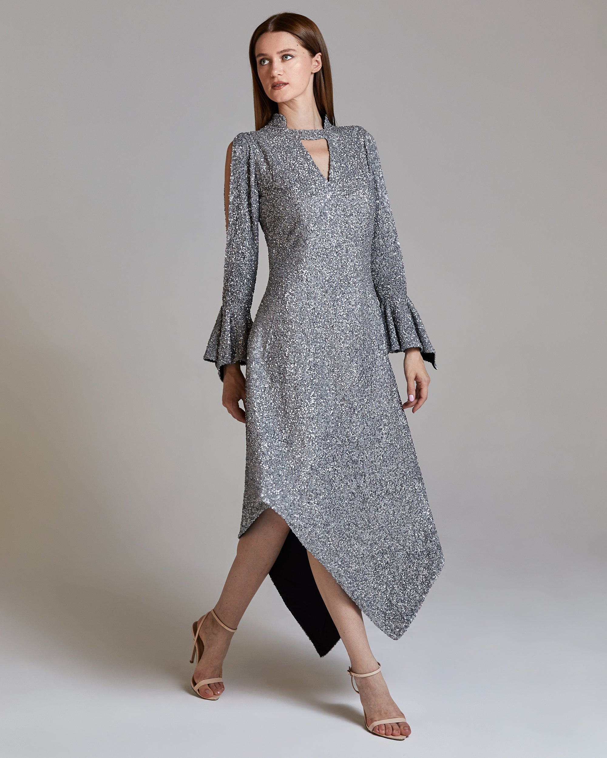 Whitney Sequined Asymmetric Silk Midi Dress