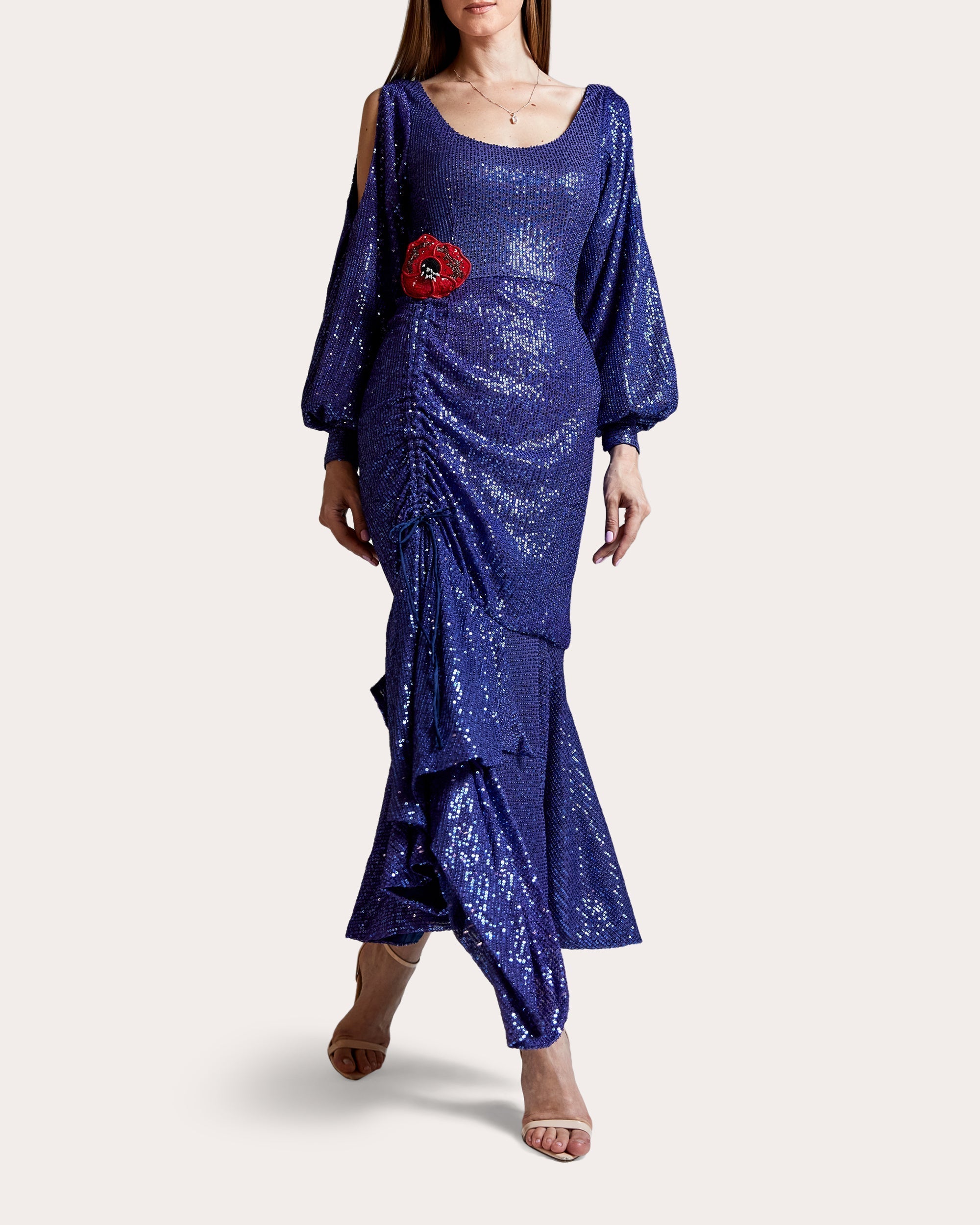 Tanzanite Draped Sequined Midi Dress