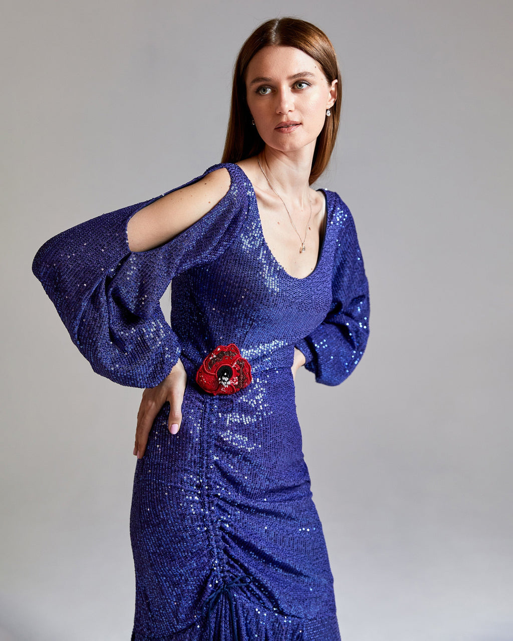 Tanzanite Draped Sequined Midi Dress