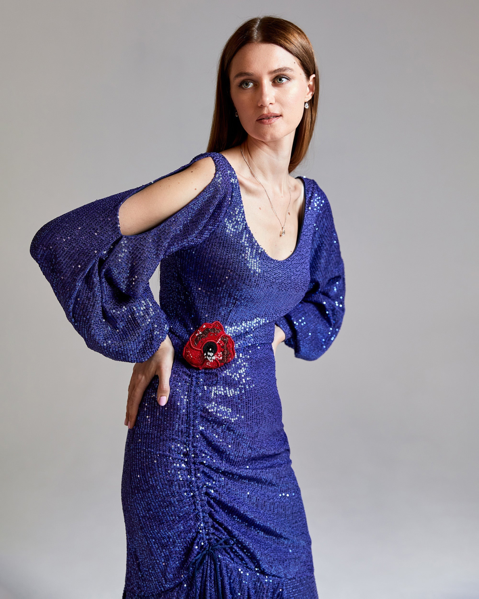 Tanzanite Draped Sequined Midi Dress