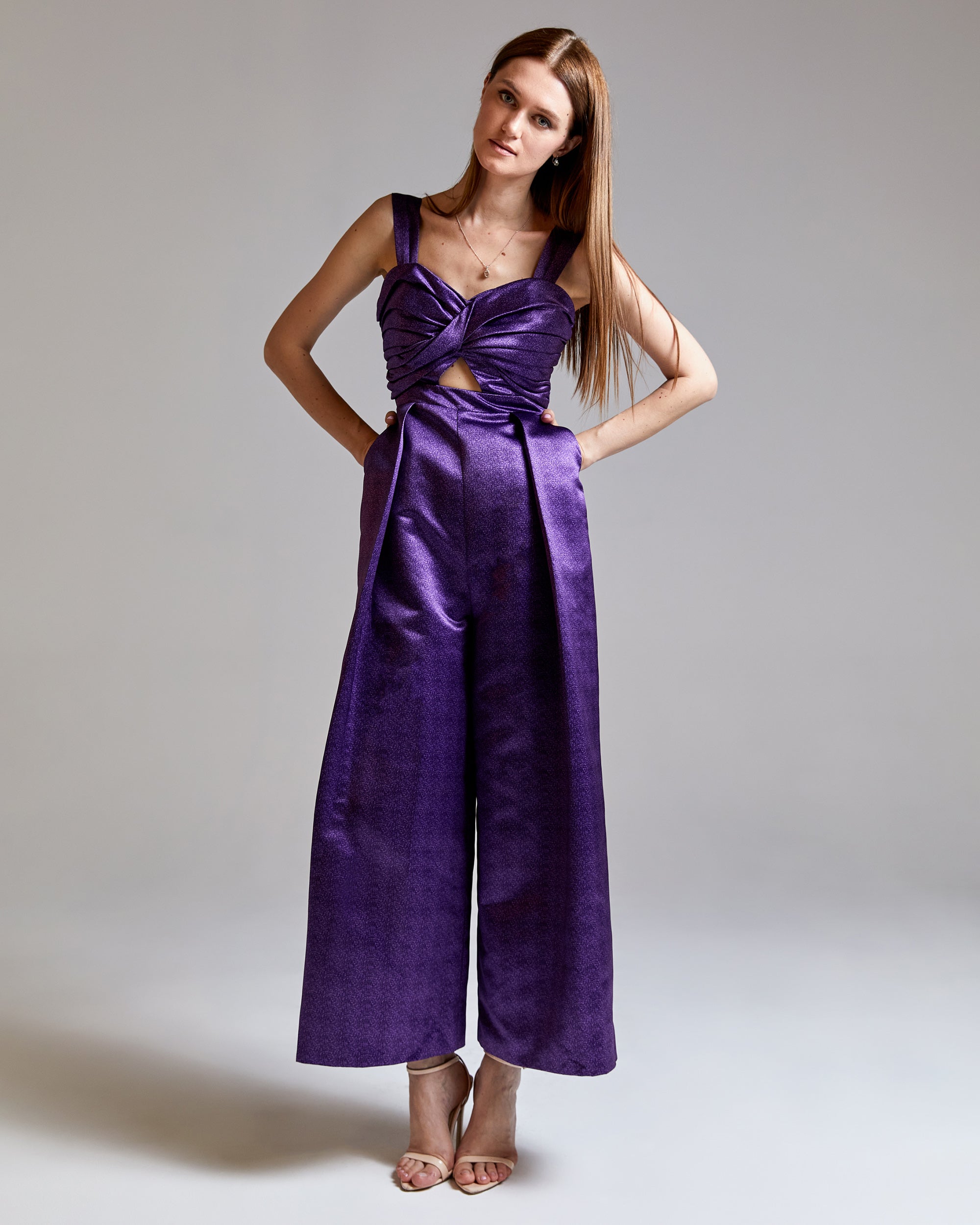 Purpsuit Draped Cutout Satin Jumpsuit