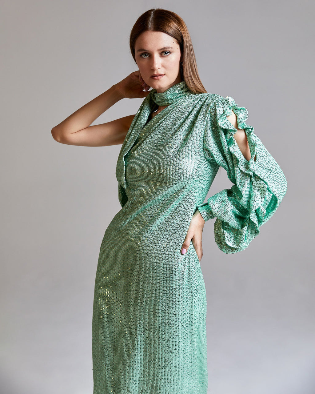 Moss Sequined Asymmetric Midi Dress