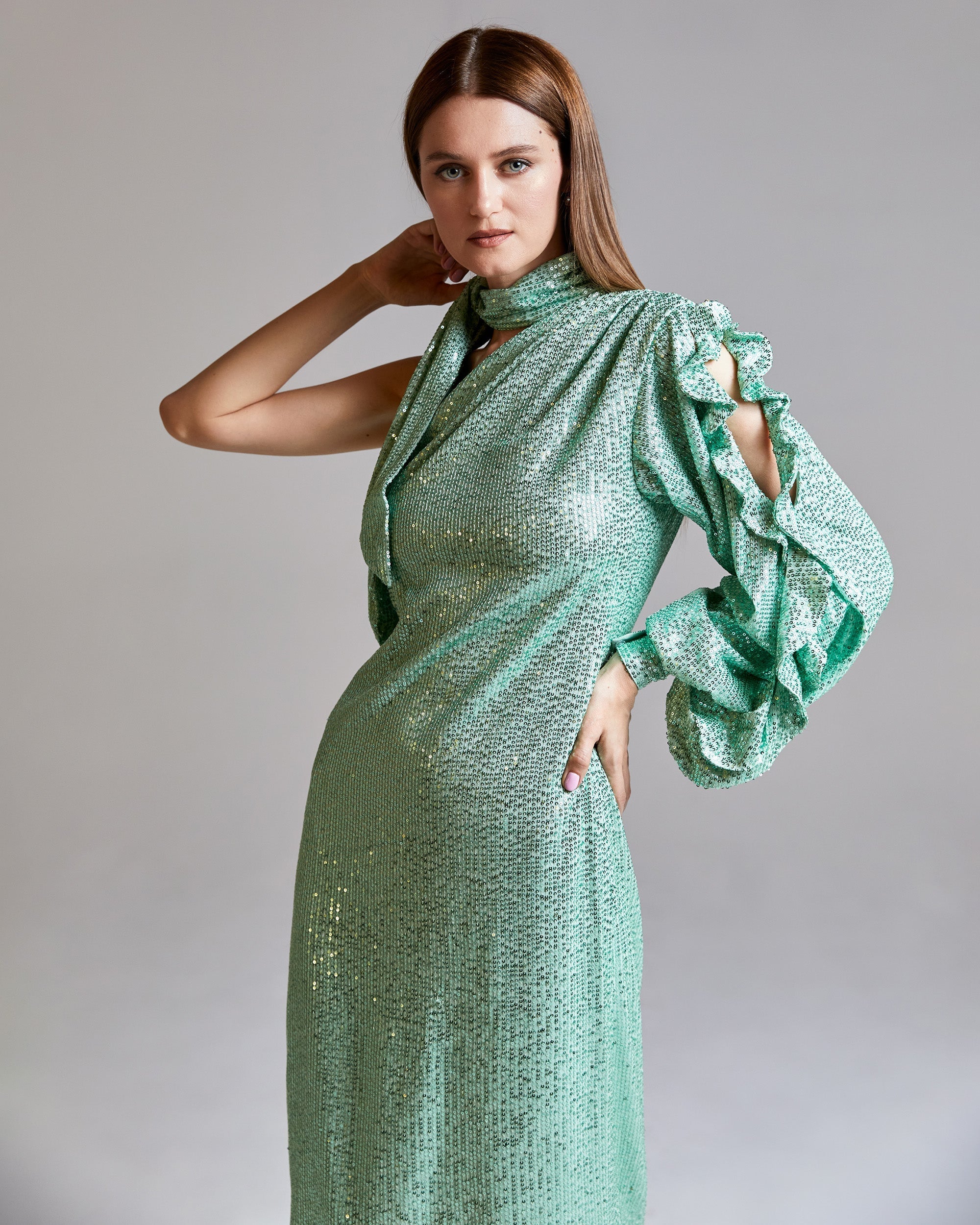 Moss Sequined Asymmetric Midi Dress