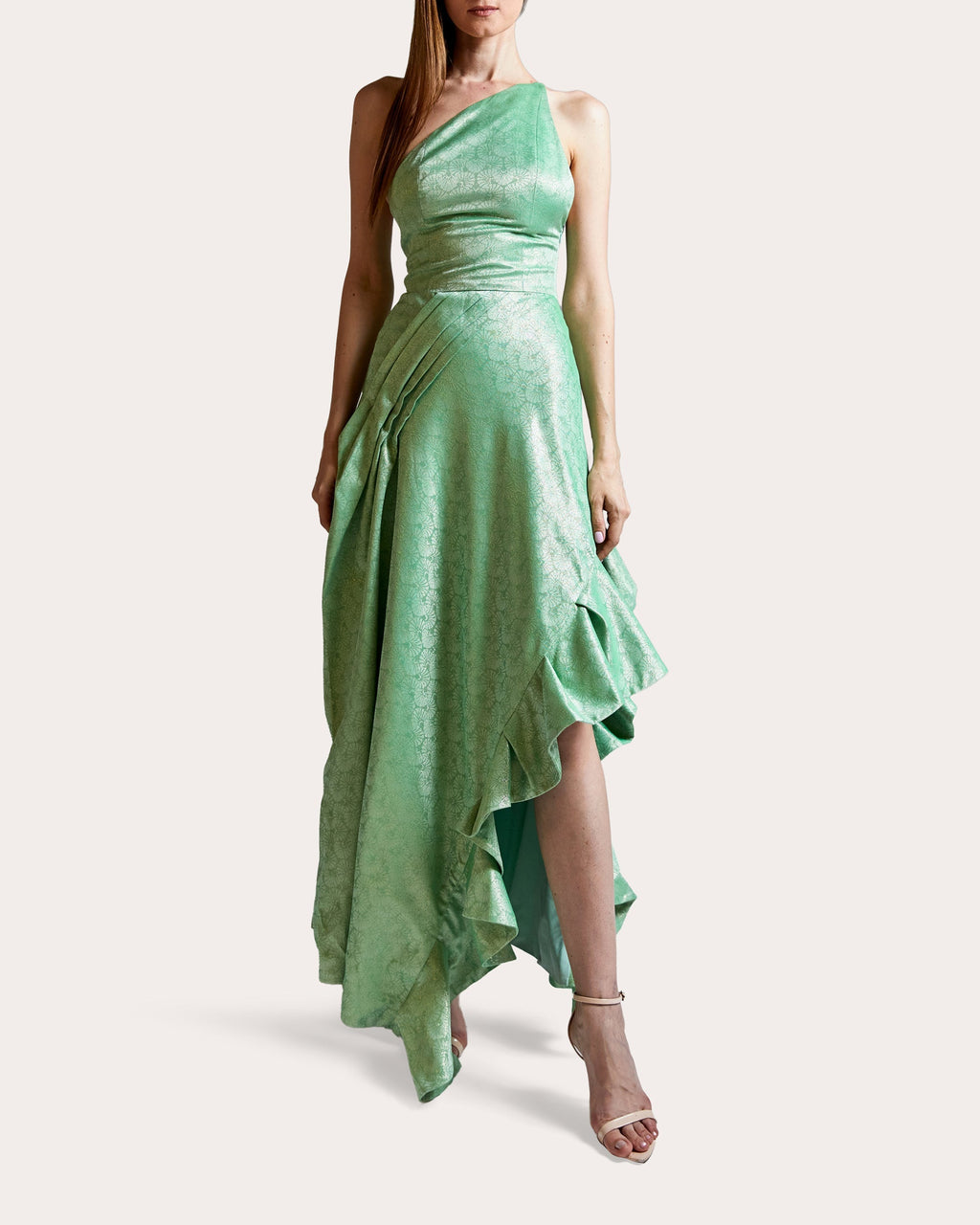 Pistazz Asymmetric Ruffled Metallic Brocade Midi Dress