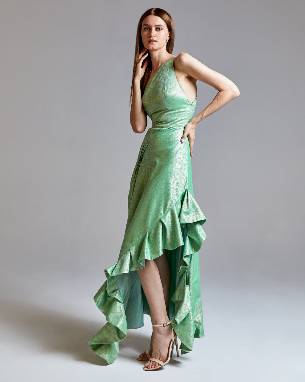 Pistazz Asymmetric Ruffled Metallic Brocade Midi Dress