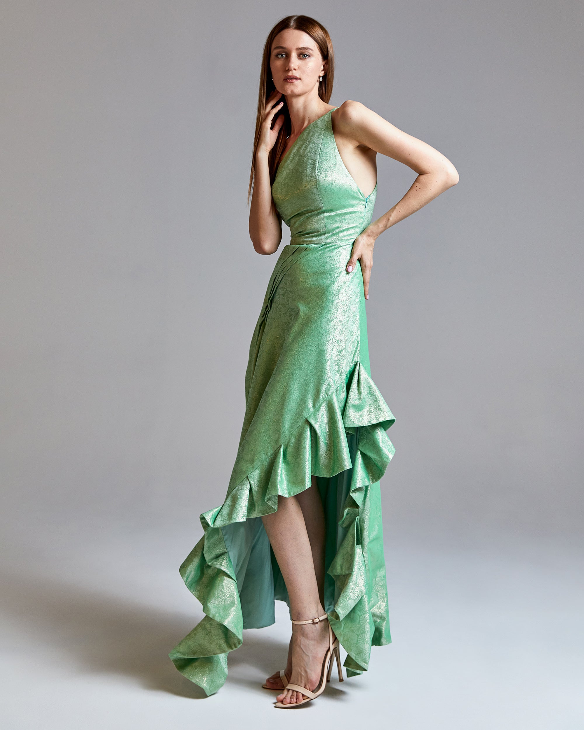 Pistazz Asymmetric Ruffled Metallic Brocade Midi Dress