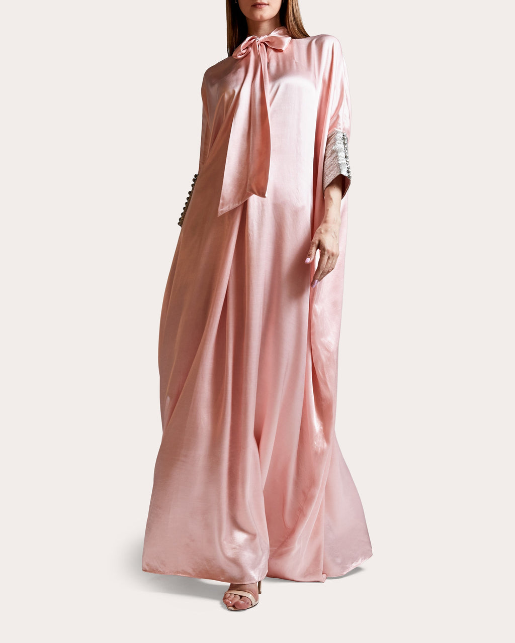 Rose Metallic-Trimmed Tie-Neck Satin Gown